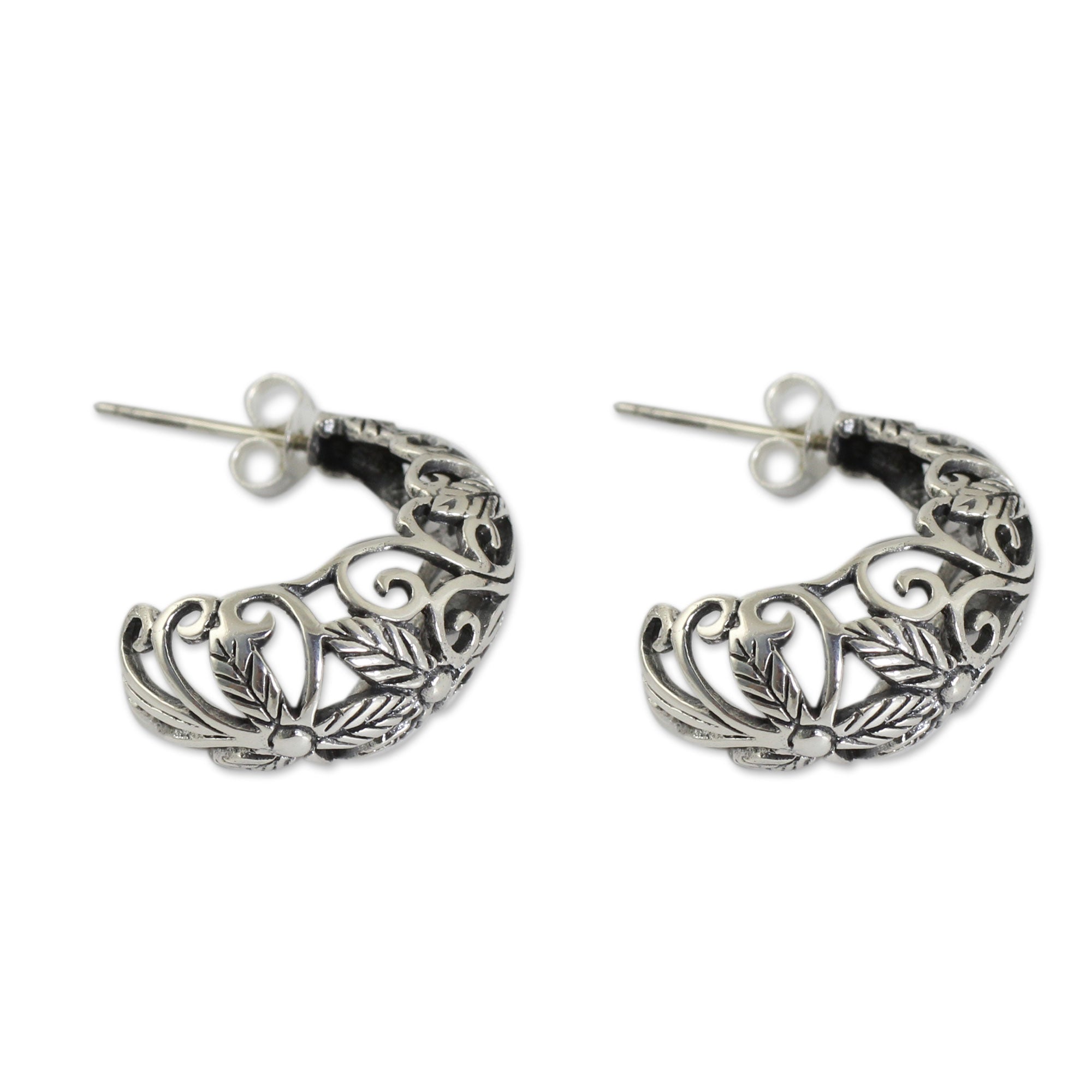 Premium Floral Fantasy Sterling Silver Hoop Earrings