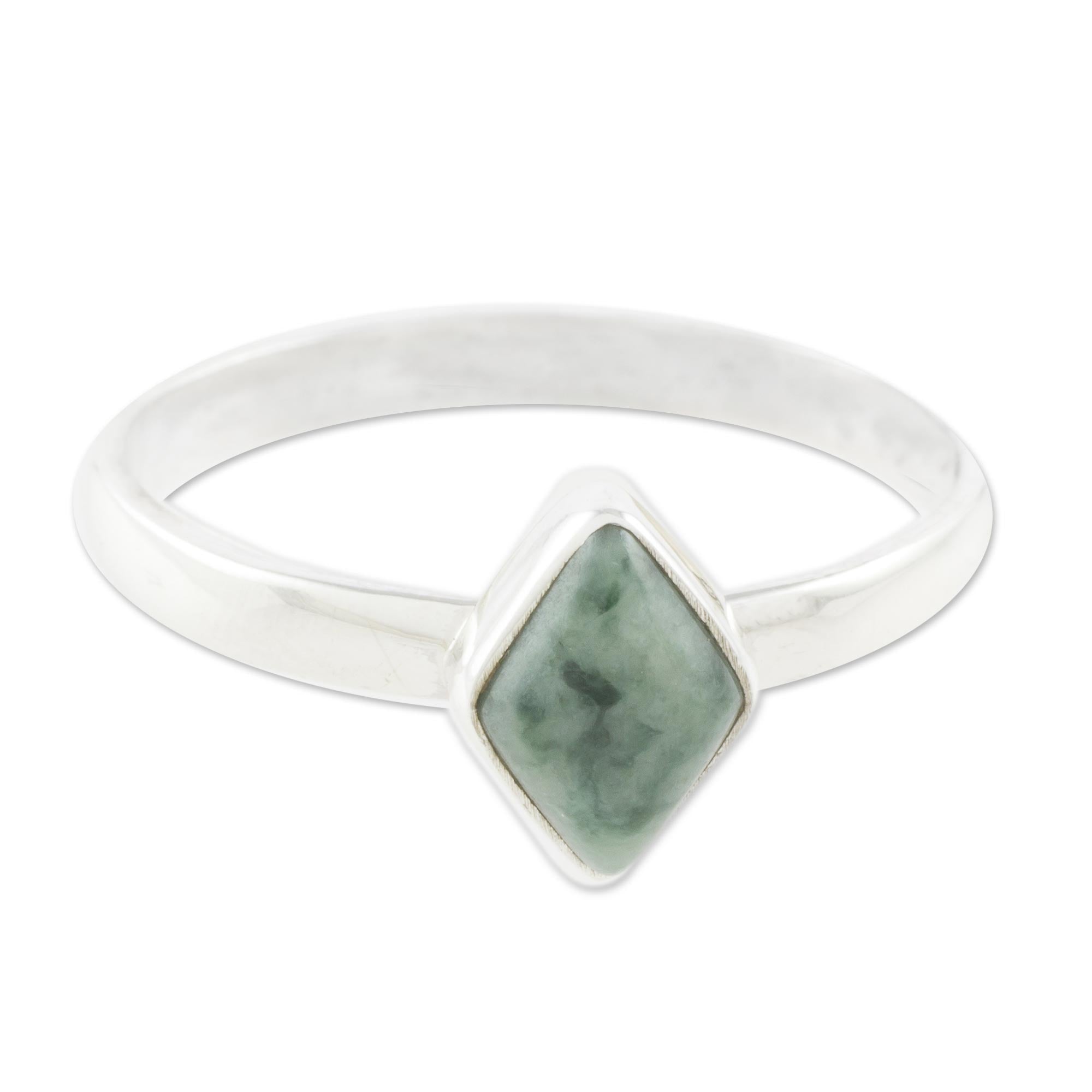 Premium Green Rhombus Jade Ring - Handcrafted Sterling Silver Jewelry from Guatemala