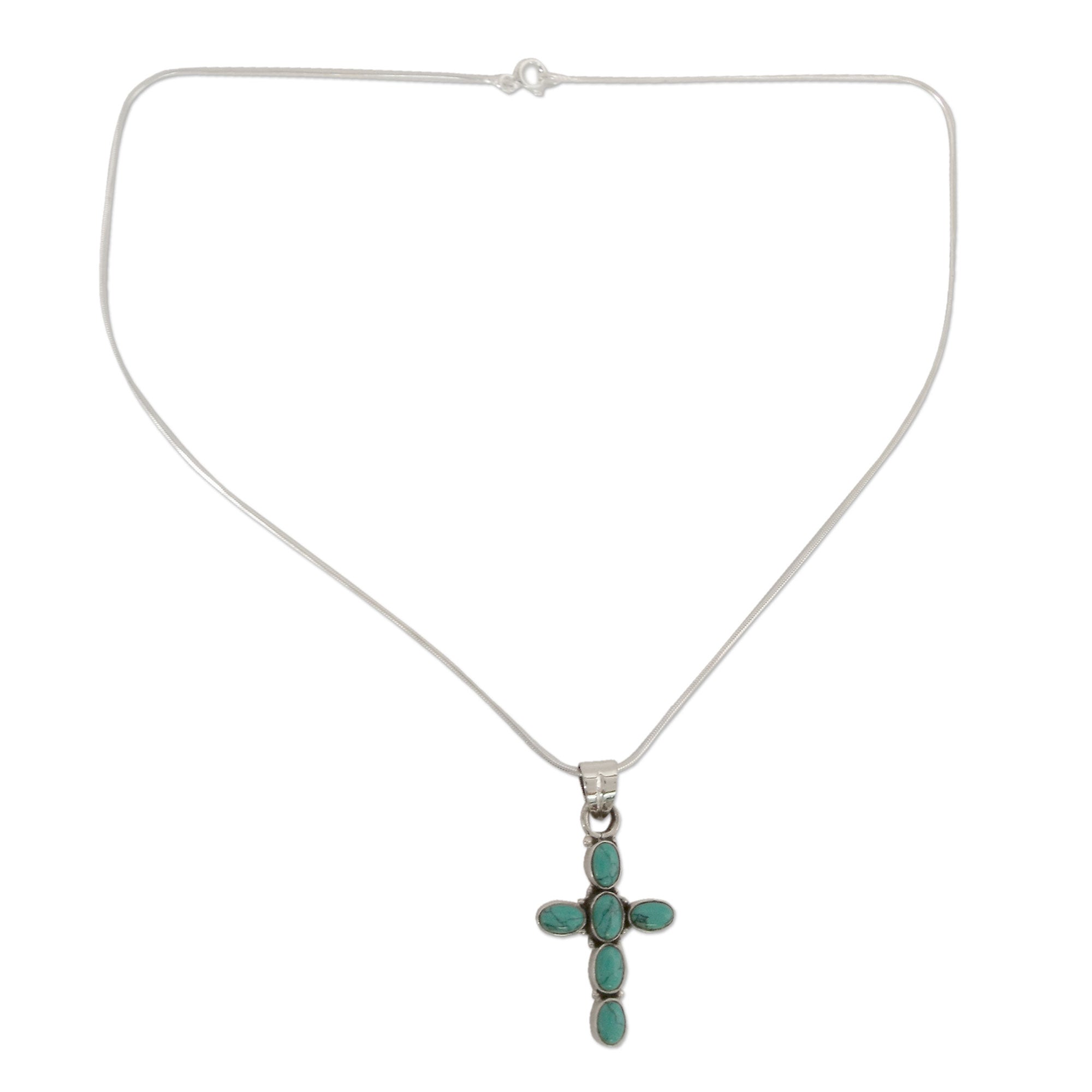 Premium Sky Blue Turquoise Cross Pendant Necklace - Sterling Silver Elegance