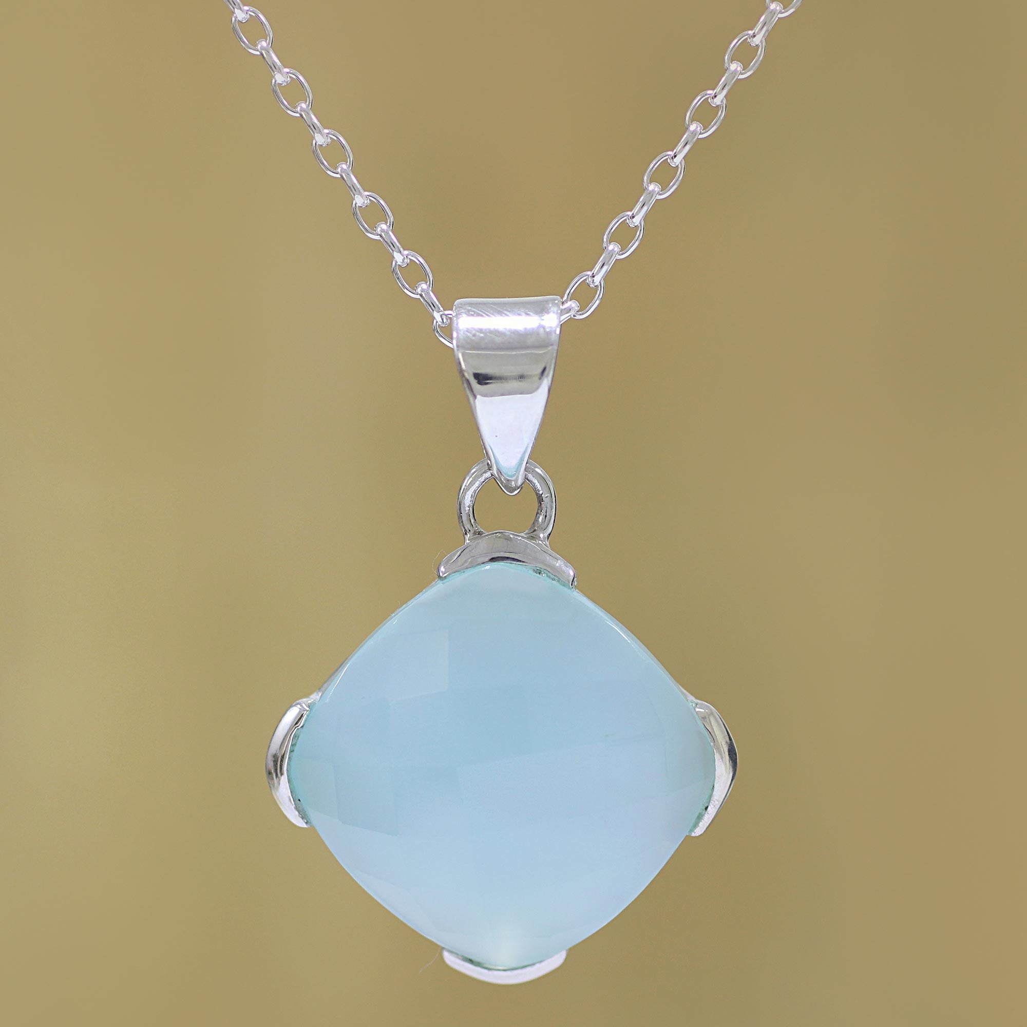 Premium Aqua Blue Chalcedony Pendant Necklace - Handcrafted Sterling Silver Jewelry