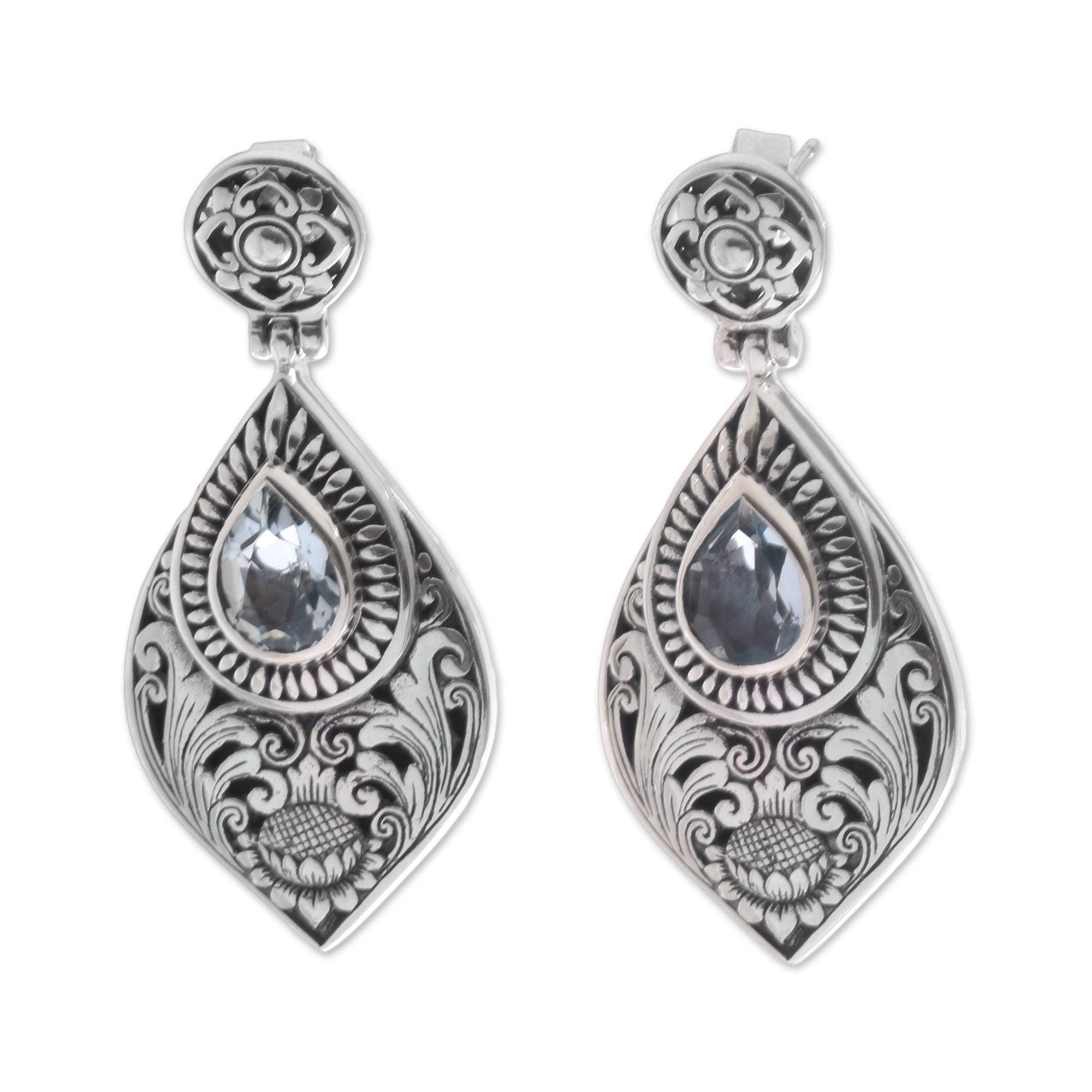 Premium Tari Lotus Blue Topaz & Silver Dangle Earrings - Handcrafted Elegance