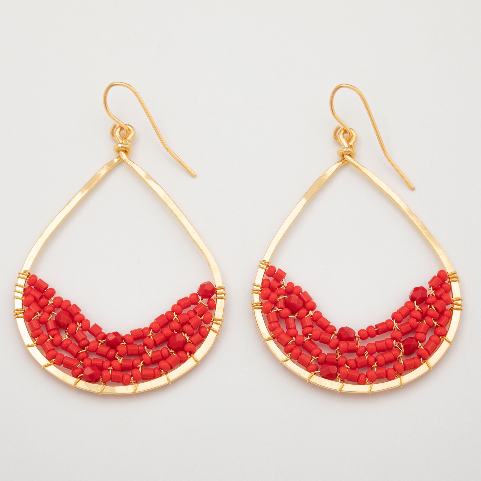 Premium Golden Hammered Teardrop Earrings with Colorful Beads