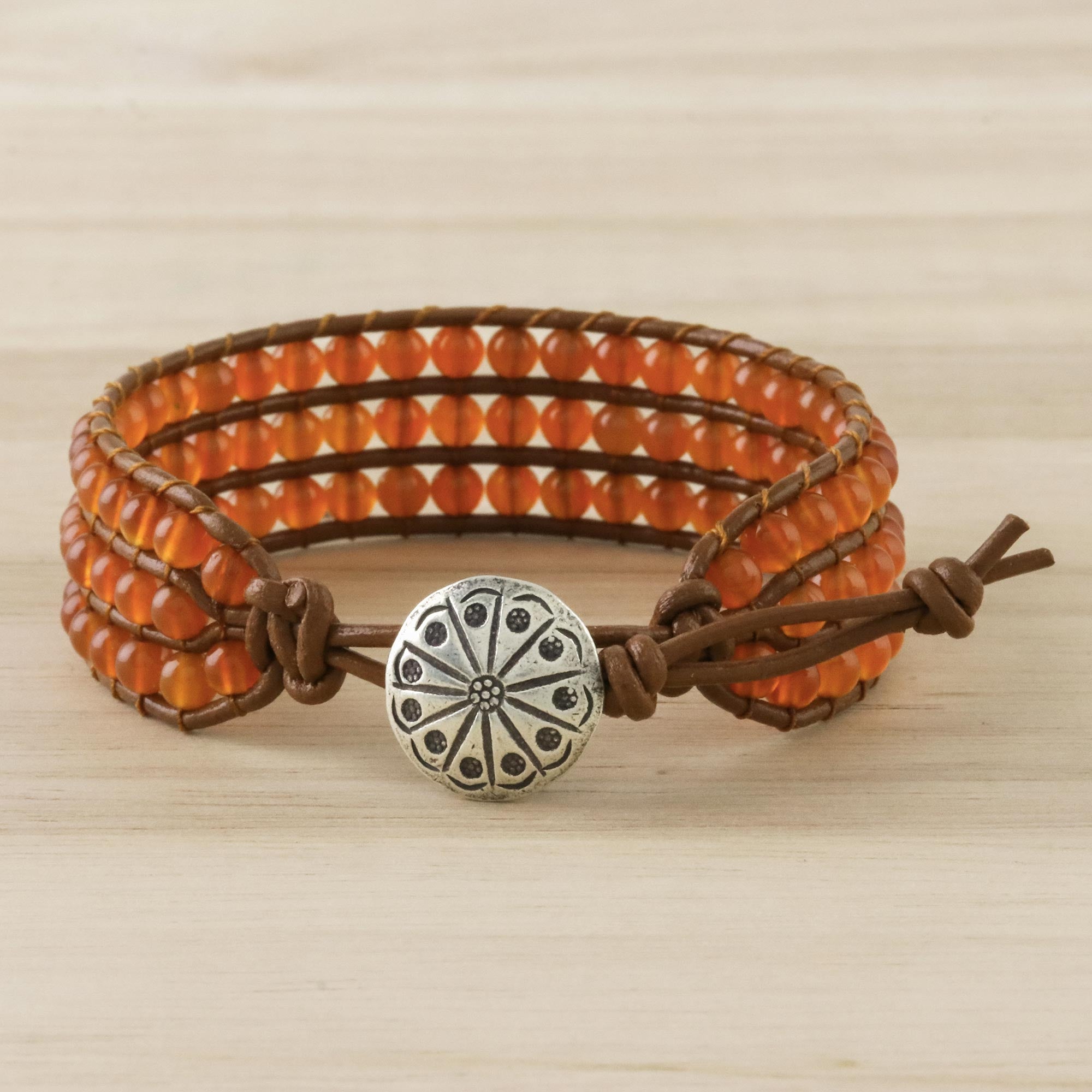 Premium Carnelian & Karen Silver Leather Bracelet - Sunlit Dawn Collection