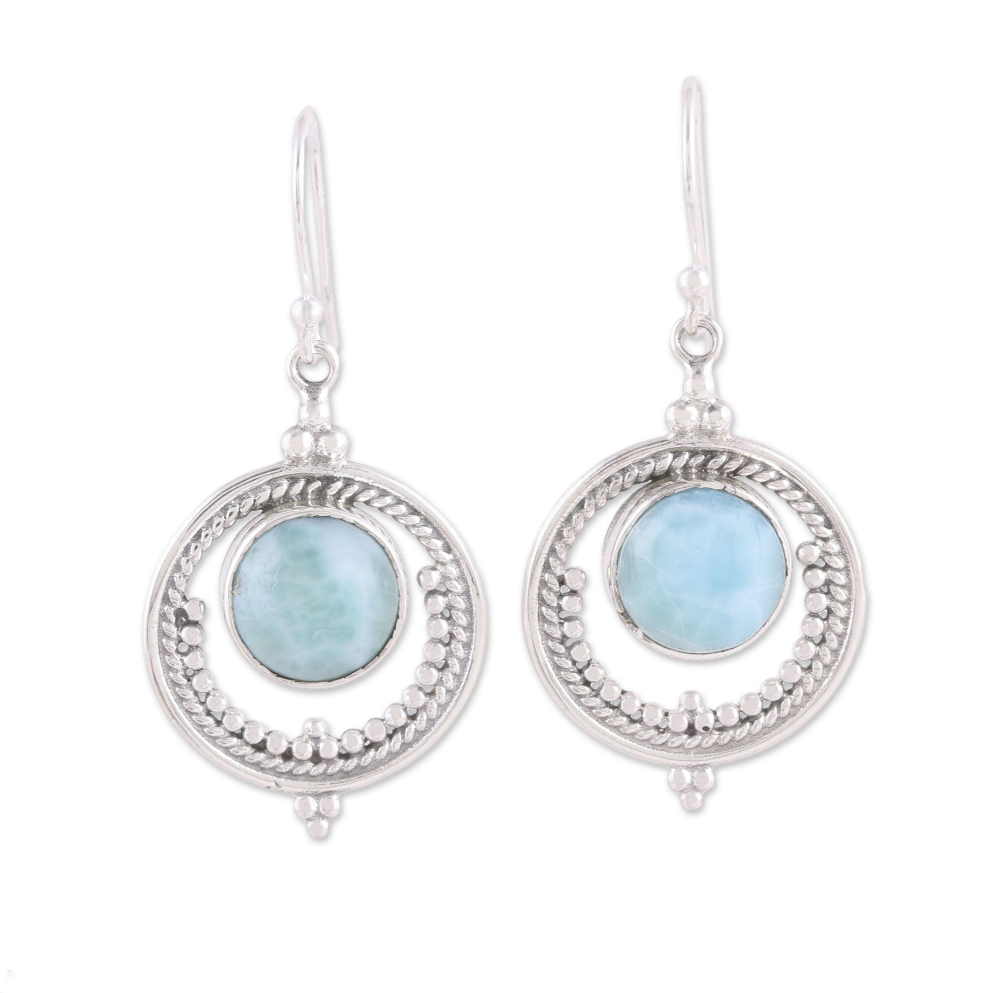 Premium Lunar Delight Larimar Silver Dangle Earrings - Handcrafted in India