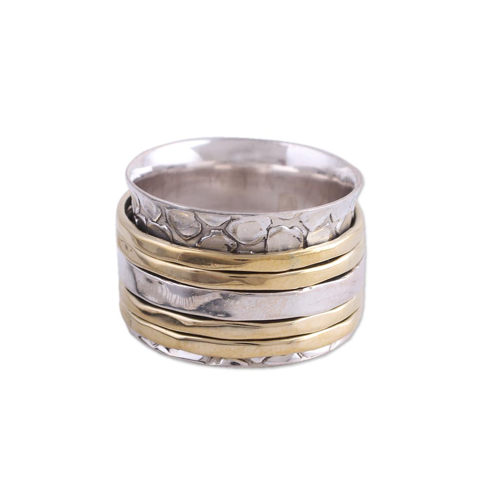 Premium Handmade Five Rotations Spinner Ring - Sterling Silver & Brass | Meditation Jewelry