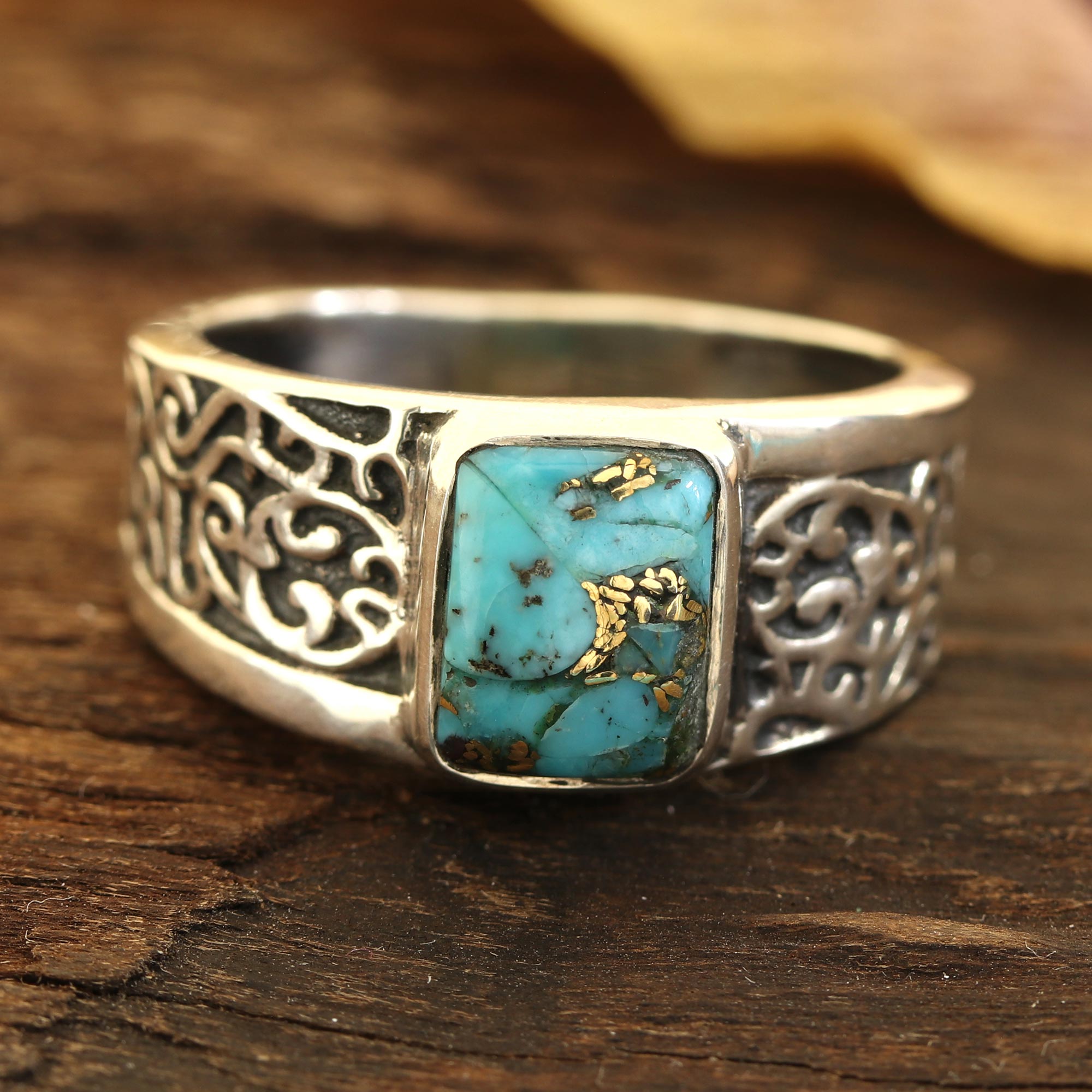 Premium Bold Vine Men's Sterling Silver Turquoise Band Ring - Ultimate Style Statement