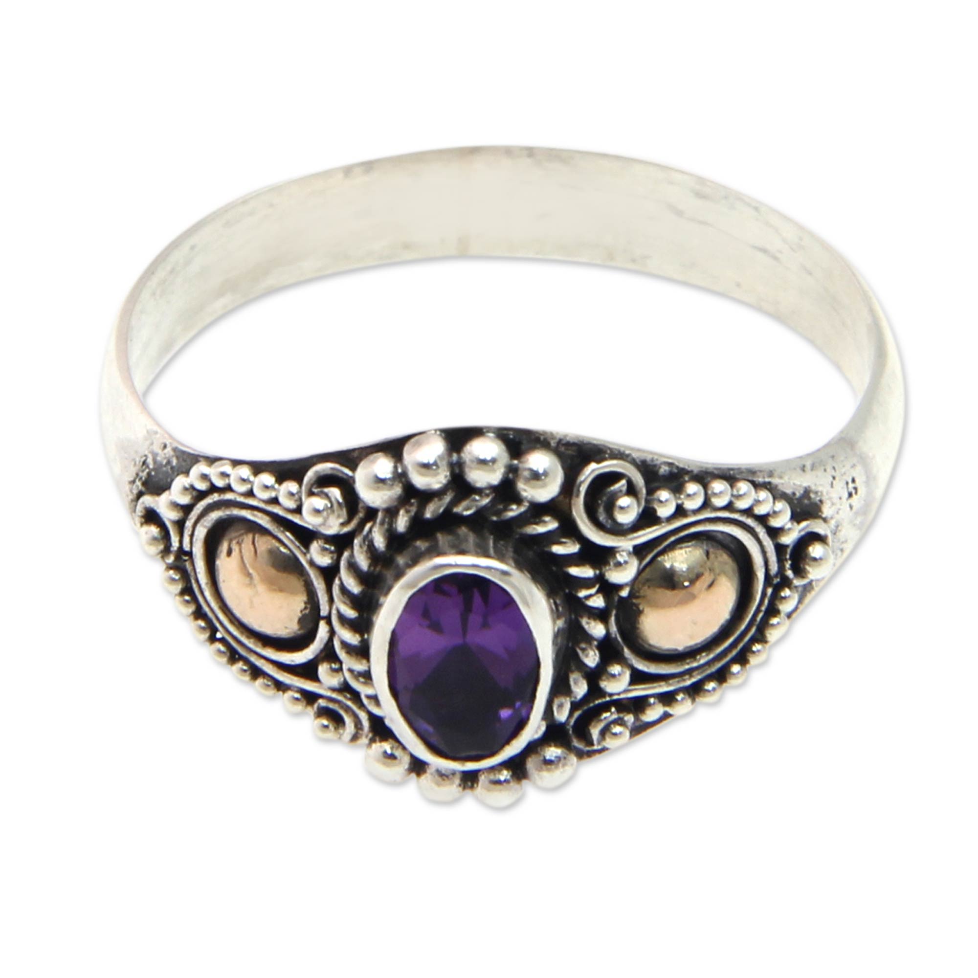 Premium Mystic Trio Sterling Silver & Gold Cocktail Ring with Amethyst