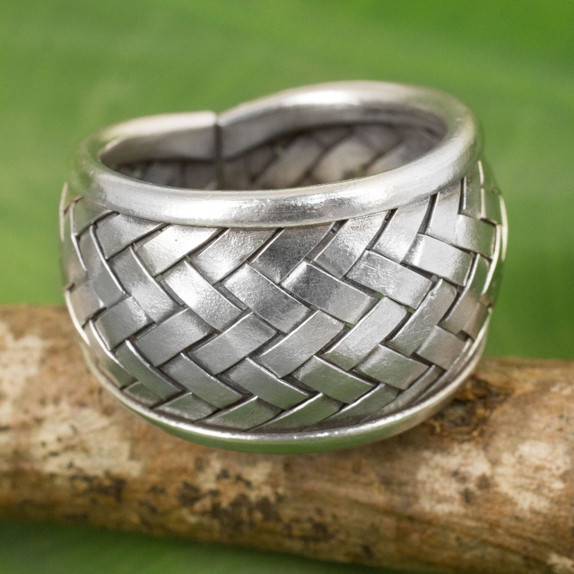 Premium Handwoven Silver Band Ring - Modern Woven Texture, Matte Finish