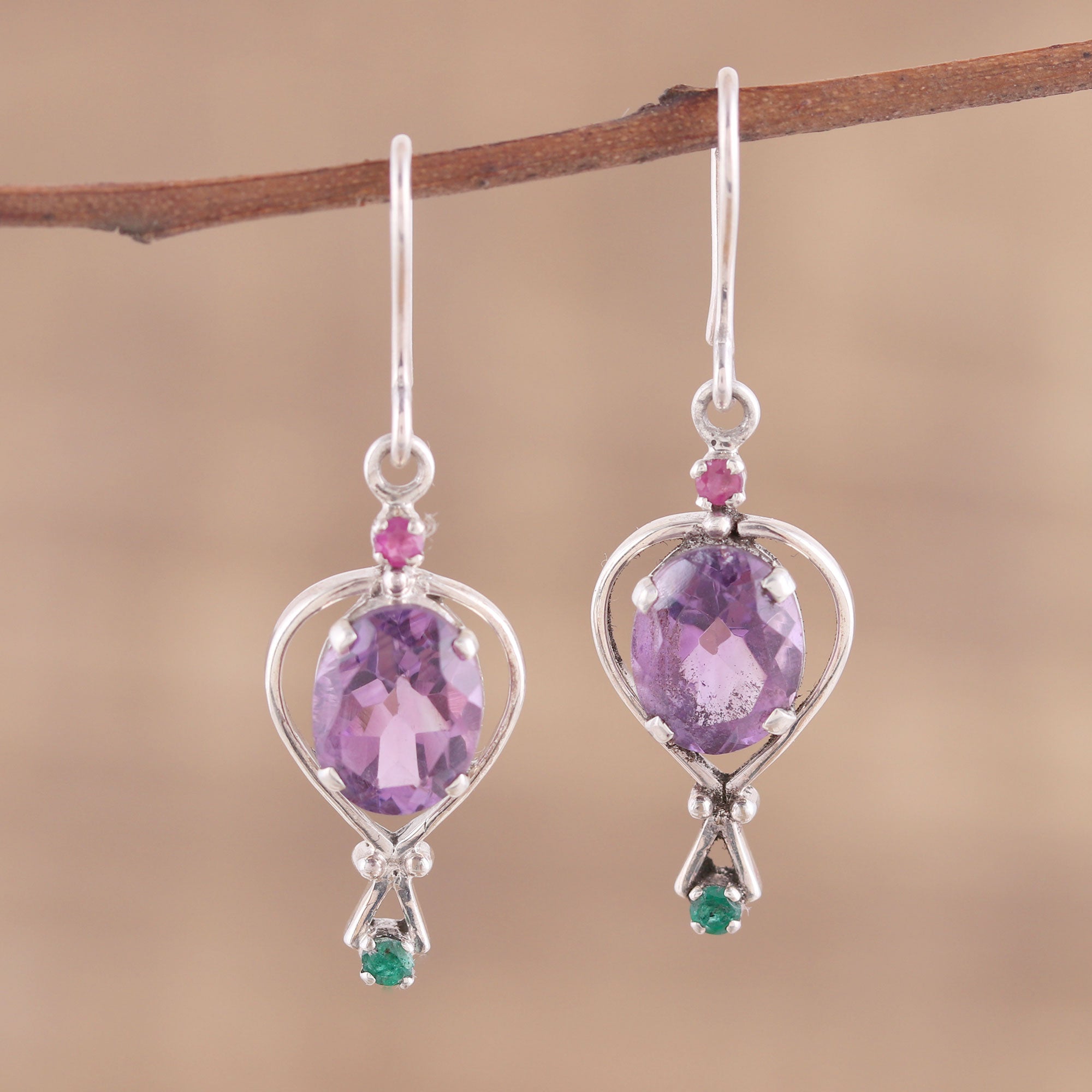 Premium Sparkling Allure Dangle Earrings - Amethyst, Emerald & Ruby | Handcrafted in India