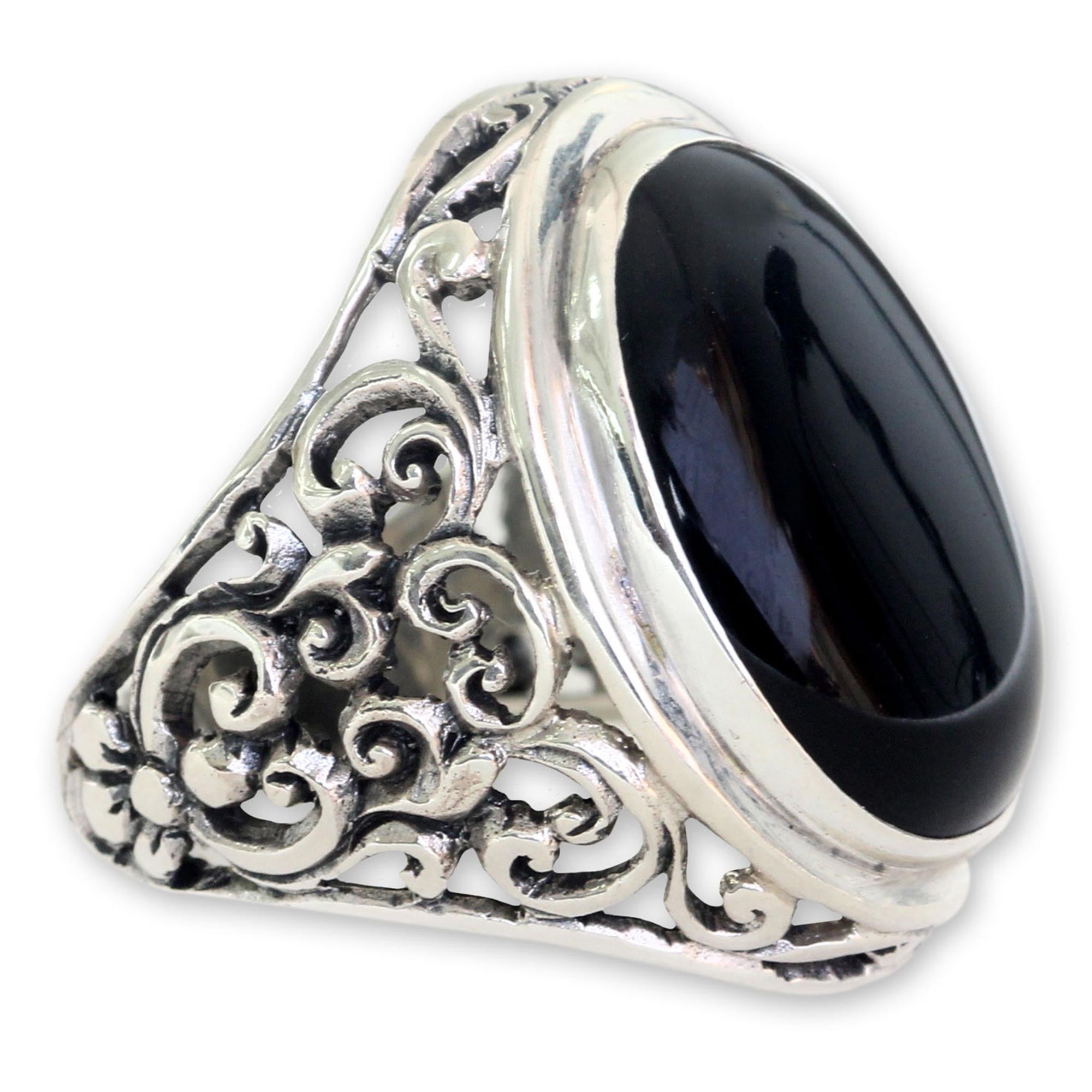 Premium Men's Sterling Silver & Onyx Ring - Handcrafted Night Song Design