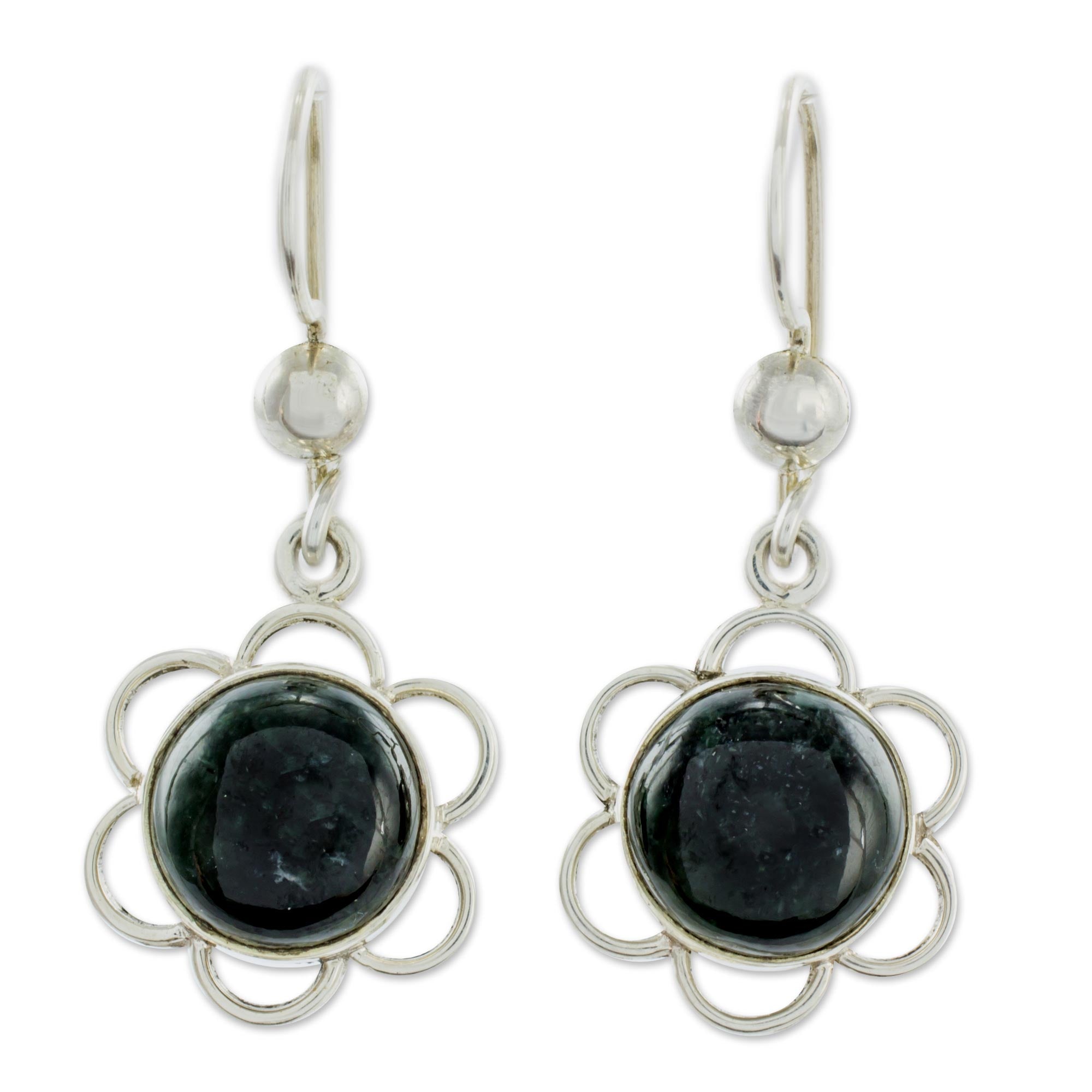 Premium Dark Green Jade Floral Dangle Earrings - Handcrafted in Guatemala