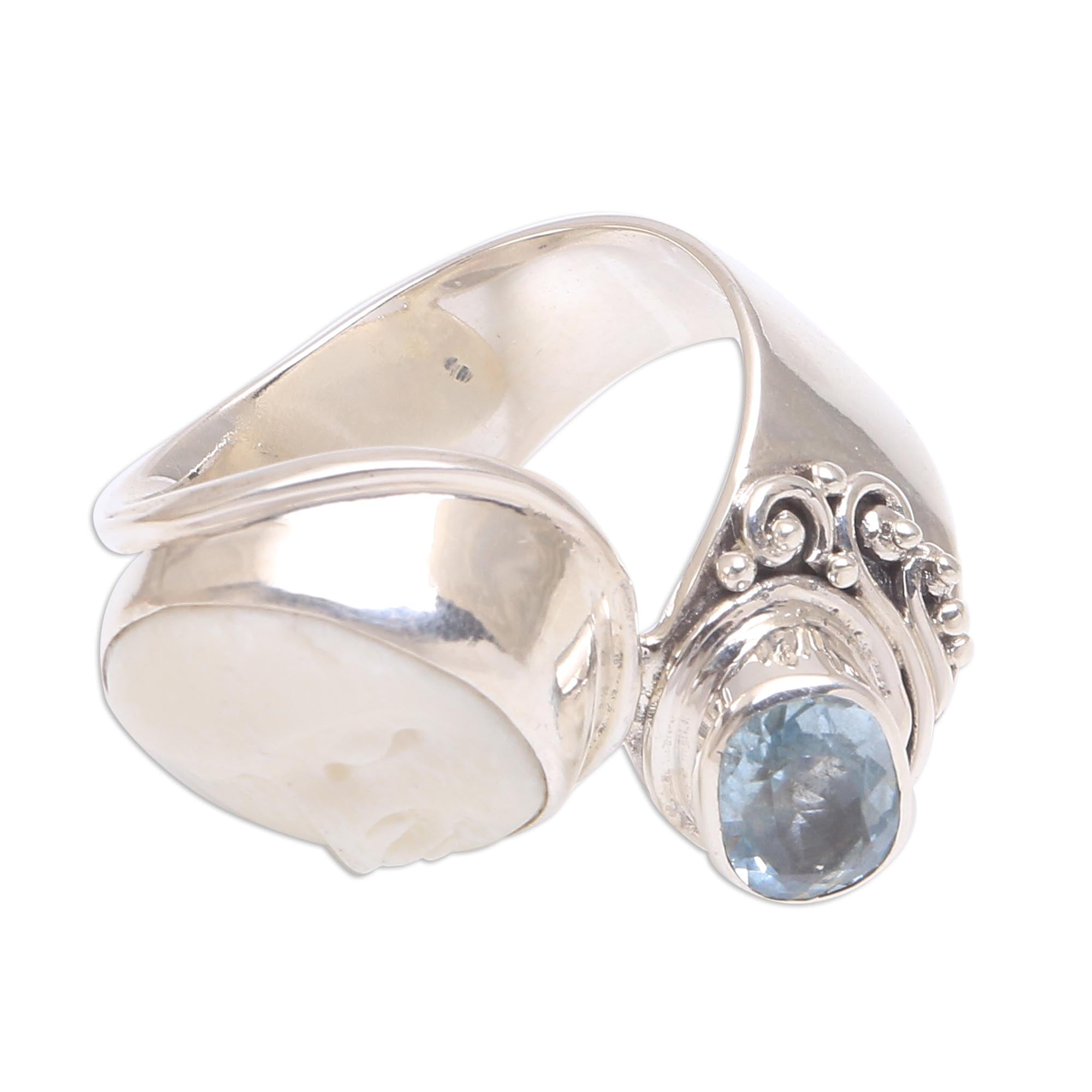 Premium Blue Topaz & Cow Bone Cocktail Ring – Handcrafted Sterling Silver Jewelry