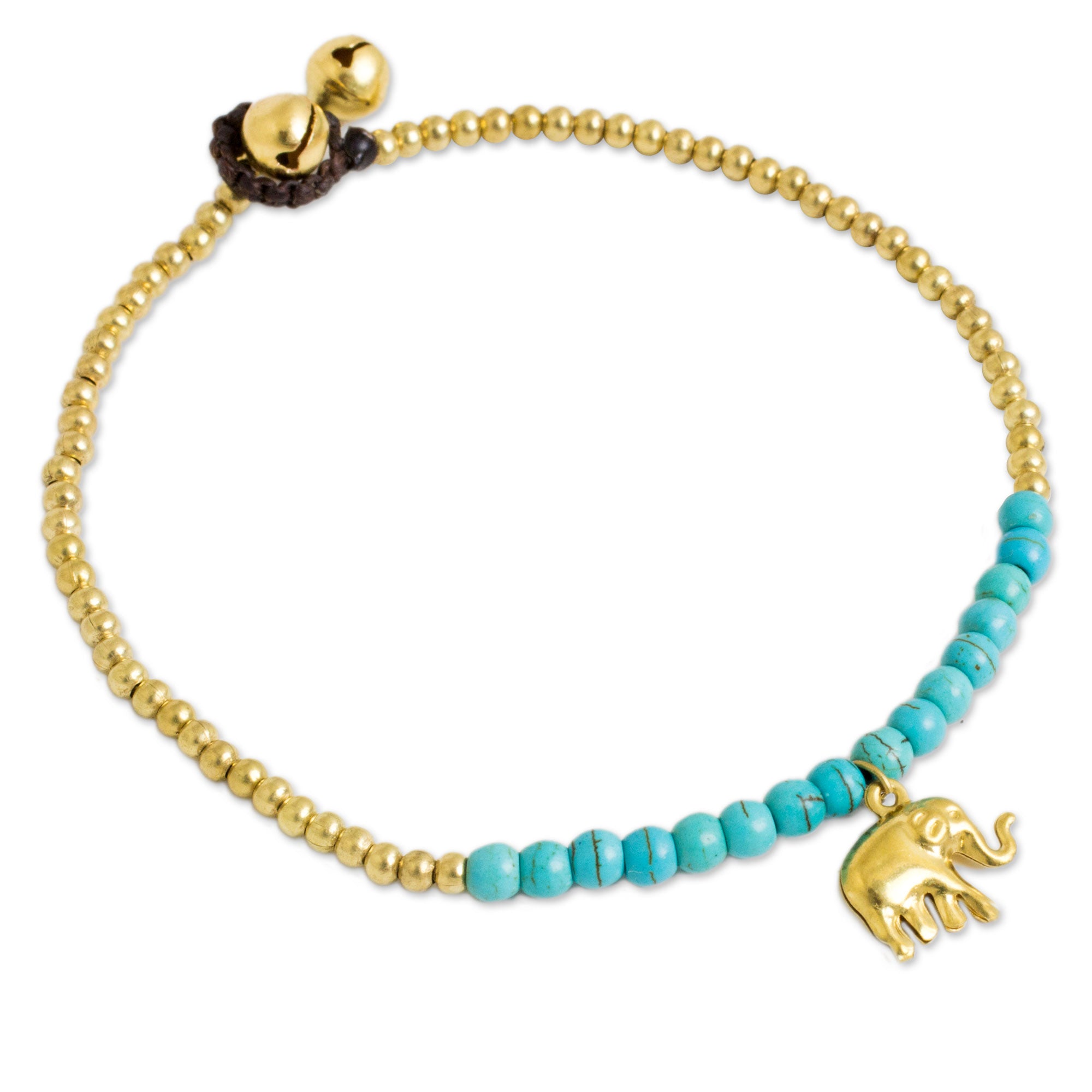 Premium Blue Calcite Elephant Charm Anklet - Stylish Brass Beaded Jewelry