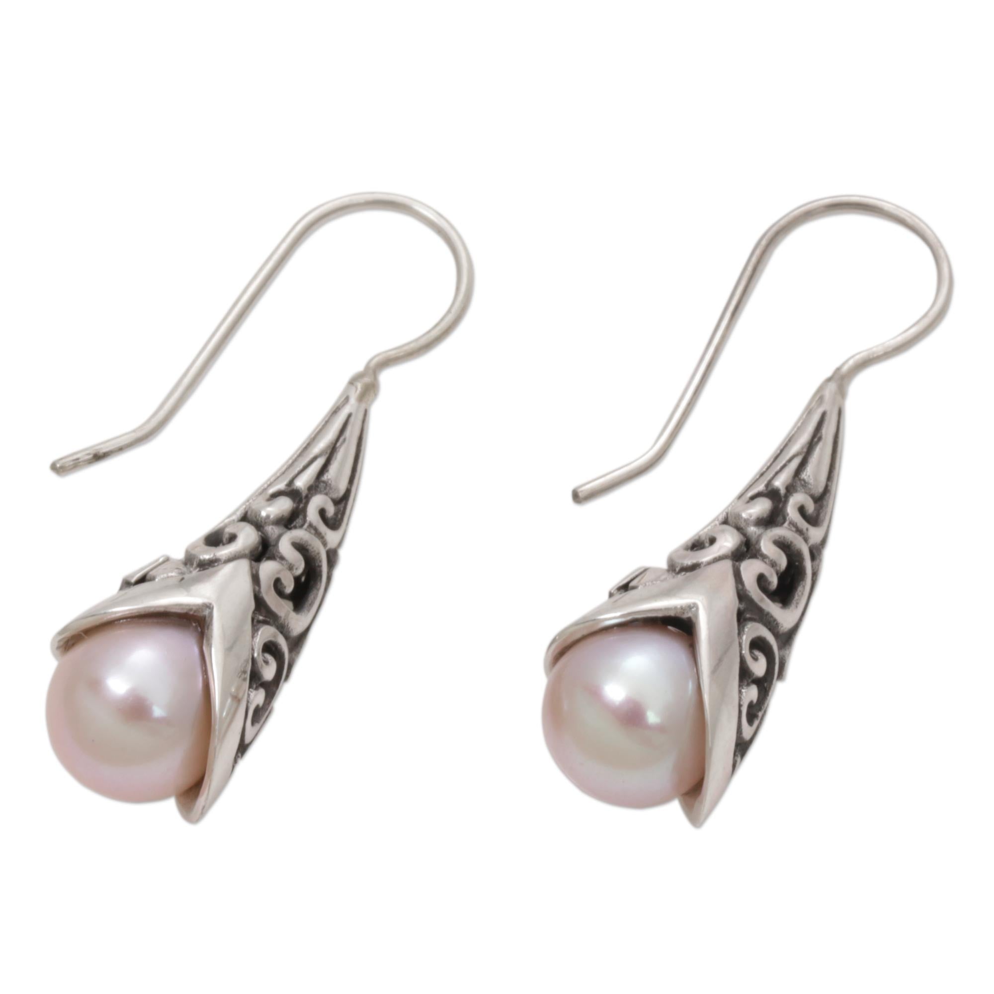 Premium Bali Peach Cultured Pearl Drop Earrings in Sterling Silver