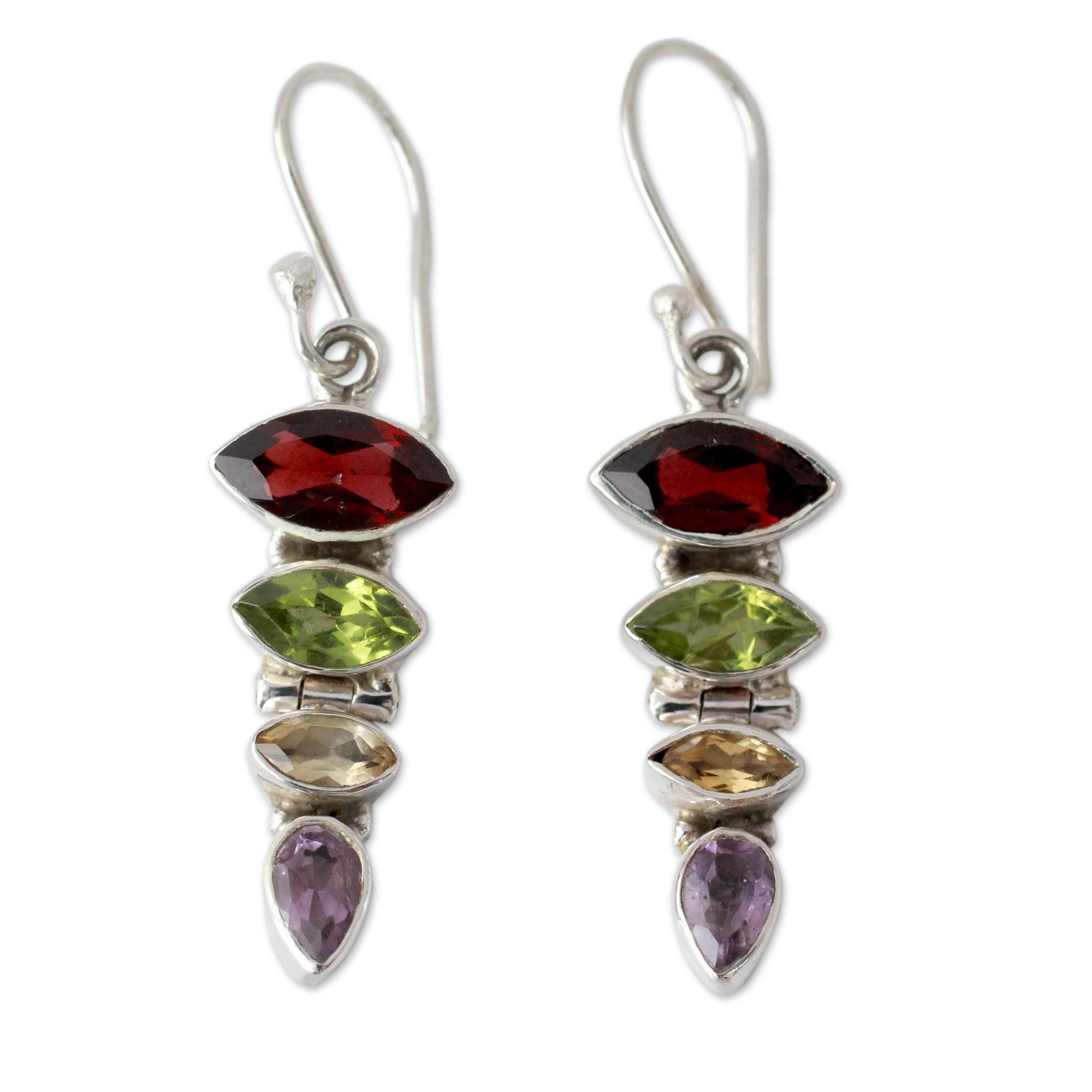 Premium Quartet Gemstone Dangle Earrings with Garnet, Peridot & Amethyst