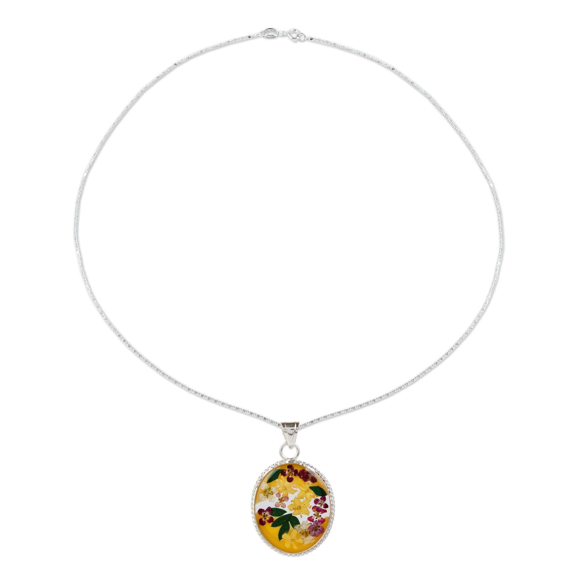 Premium Eternal Blossom Sterling Silver Necklace with Yellow Dried Flower Pendant