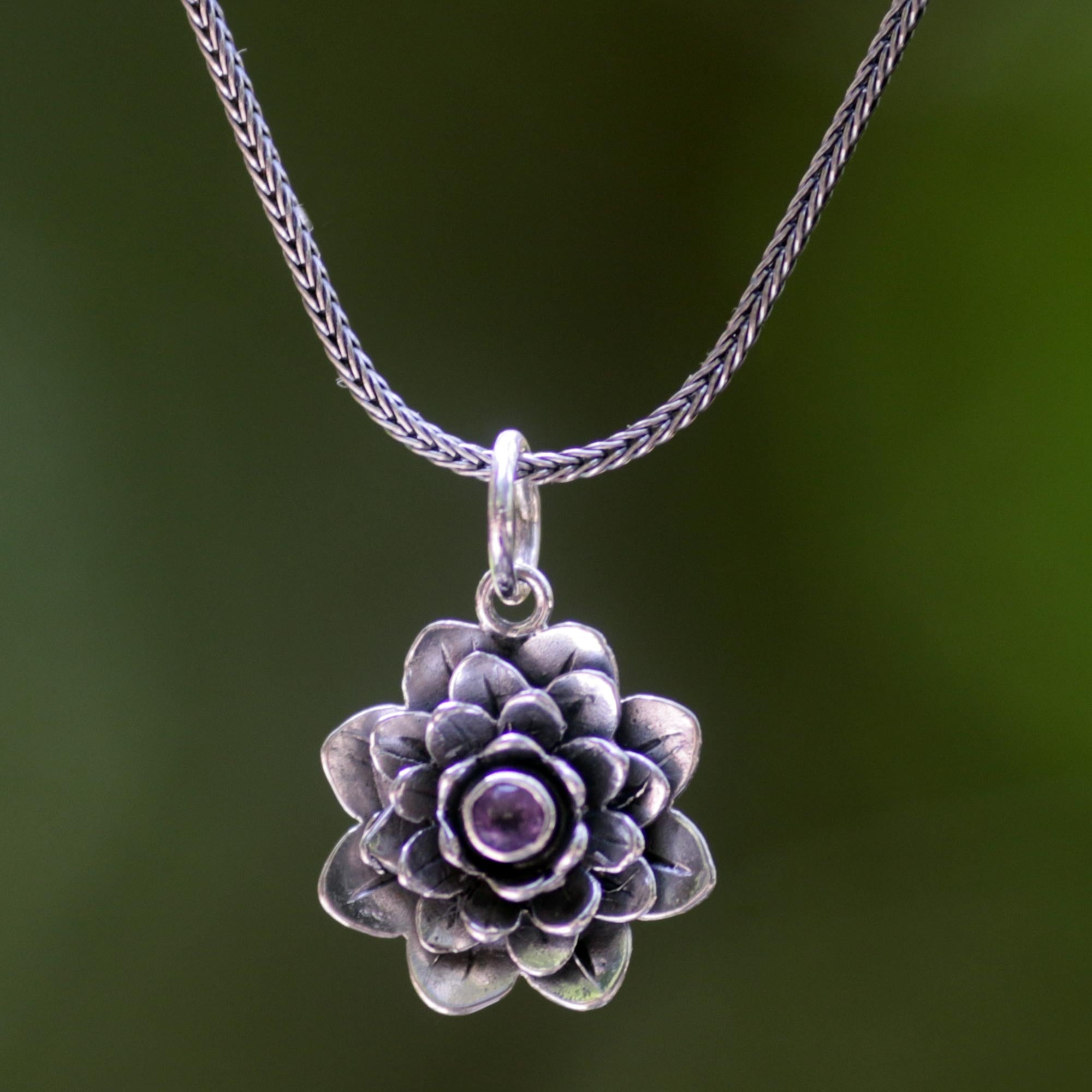 Premium Sacred Lilac Lotus Pendant Necklace - Handmade Sterling Silver & Amethyst