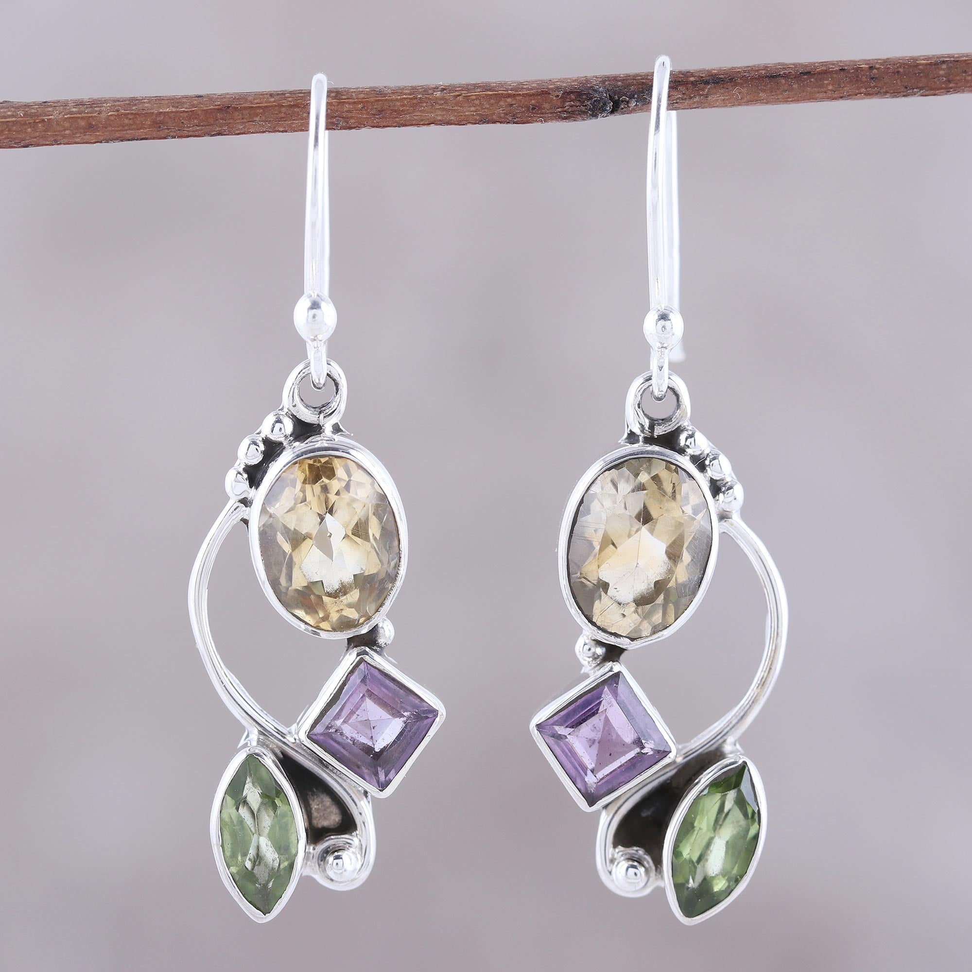 Premium Sun & Violets Multi-Gem Citrine Dangle Earrings