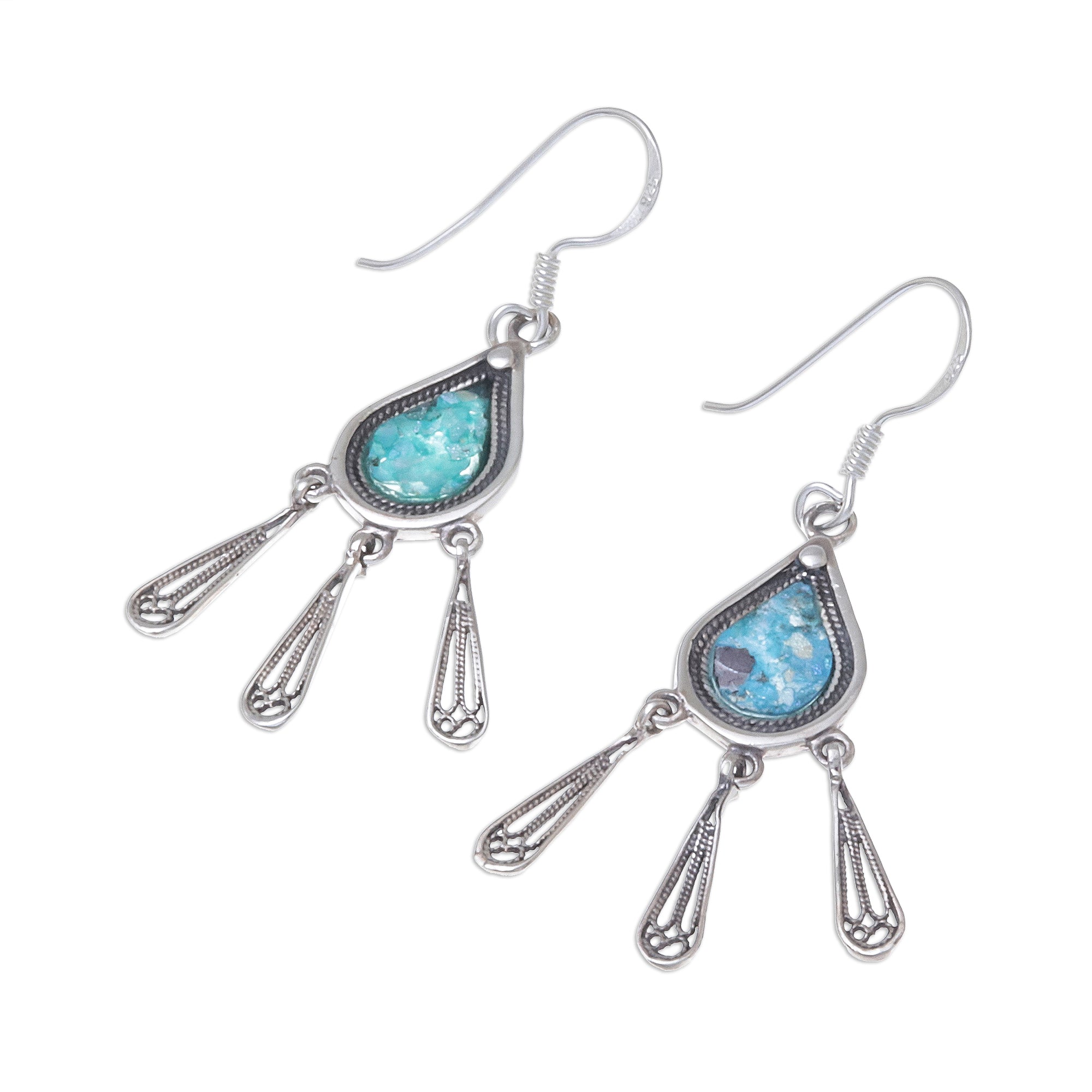 Premium Ancient Roman Glass Raindrop Earrings - Handcrafted Sterling Silver Jewelry