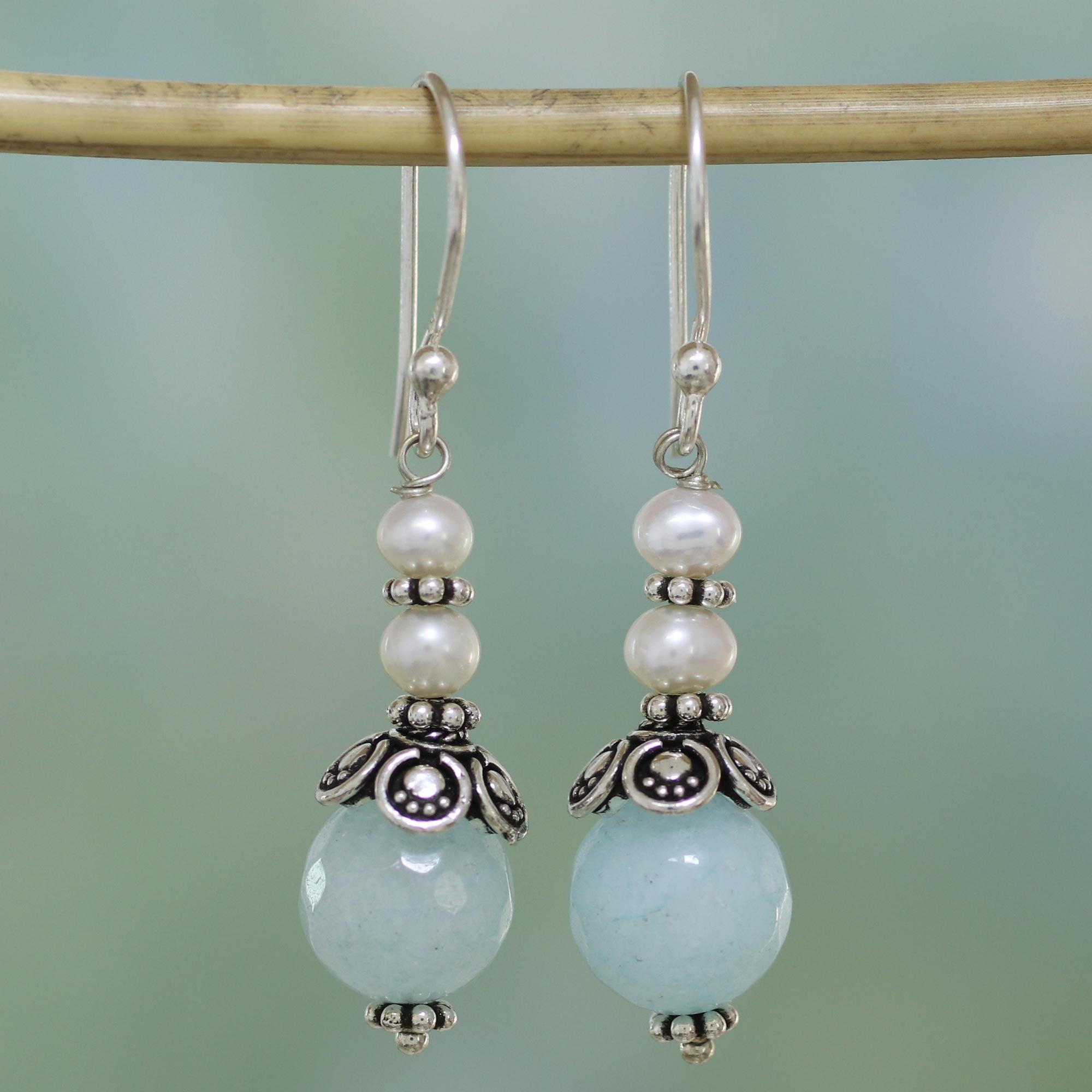 Premium Aqua Aventurine & Pearl Dangle Earrings by Narayani