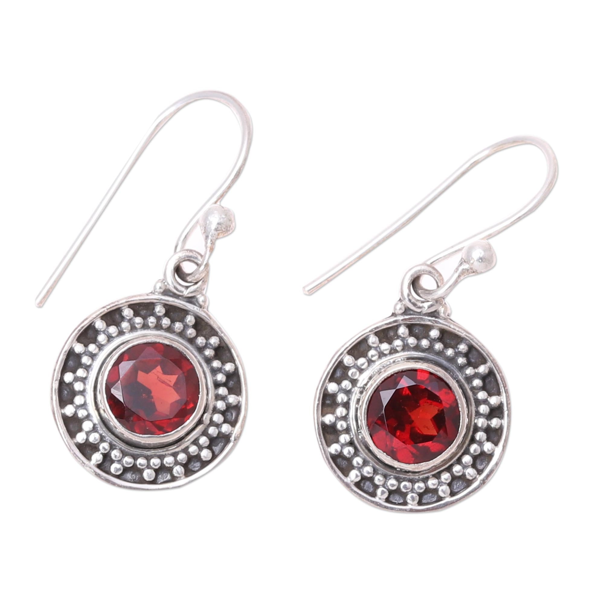 Premium Circular Garnet Dangle Earrings – Handcrafted Sterling Silver Jewelry from India