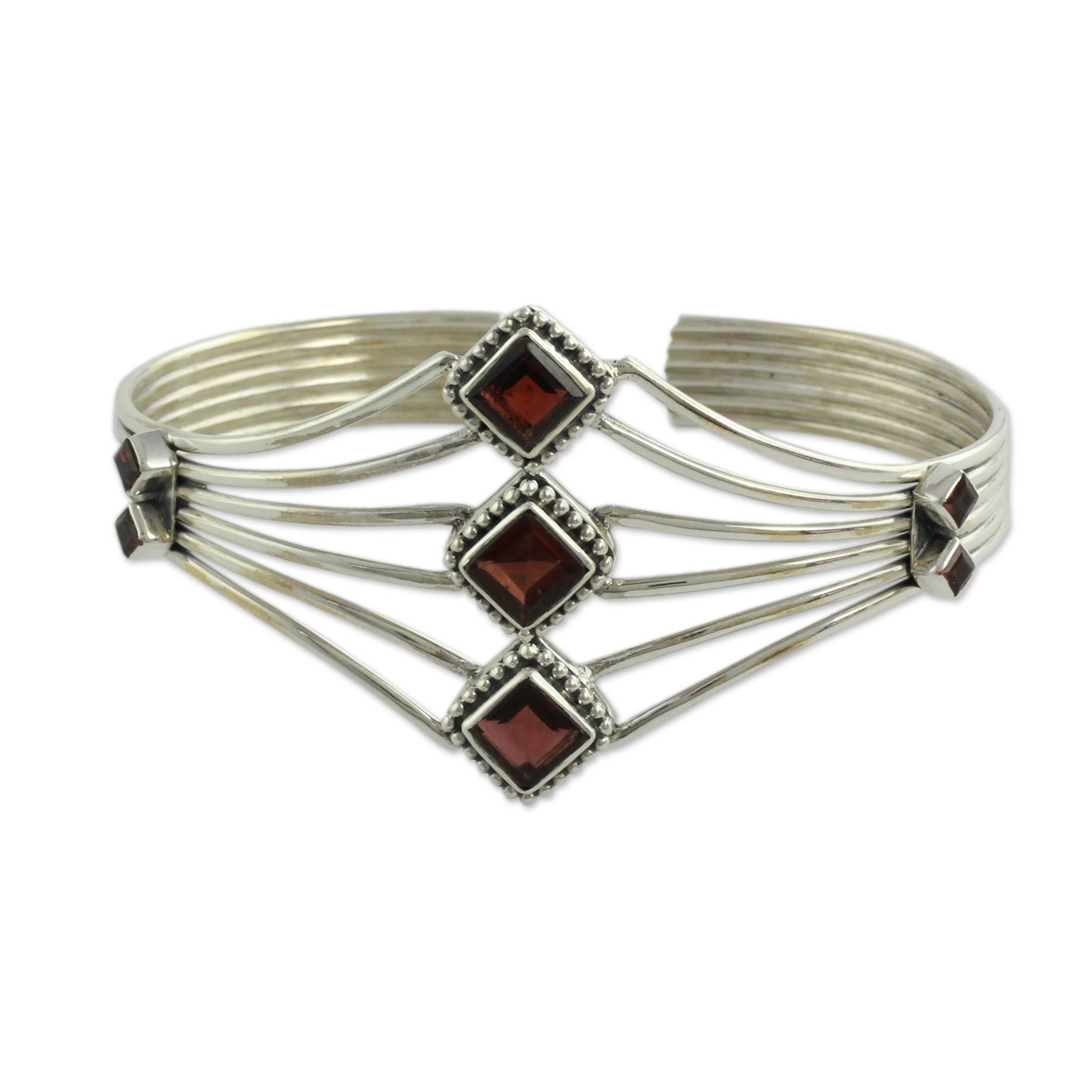 Premium Garnet & Sterling Silver Cuff Bracelet - Handmade Elegance