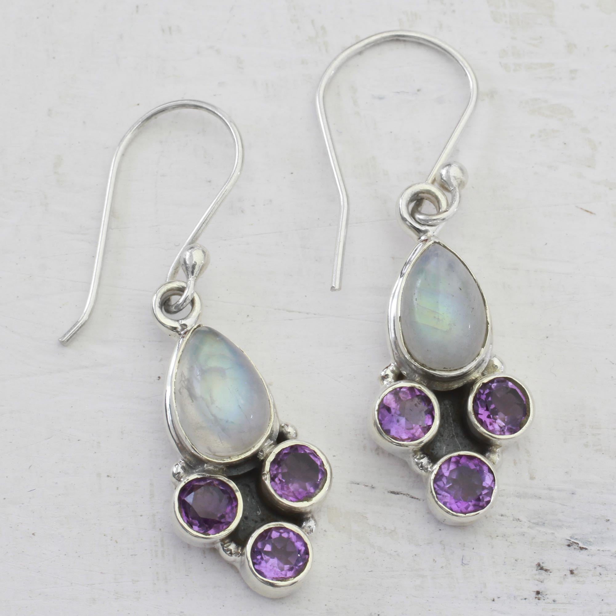 Premium Purple Rainbow Moonstone & Amethyst Dangle Earrings - Handcrafted Sterling Silver Jewelry from India