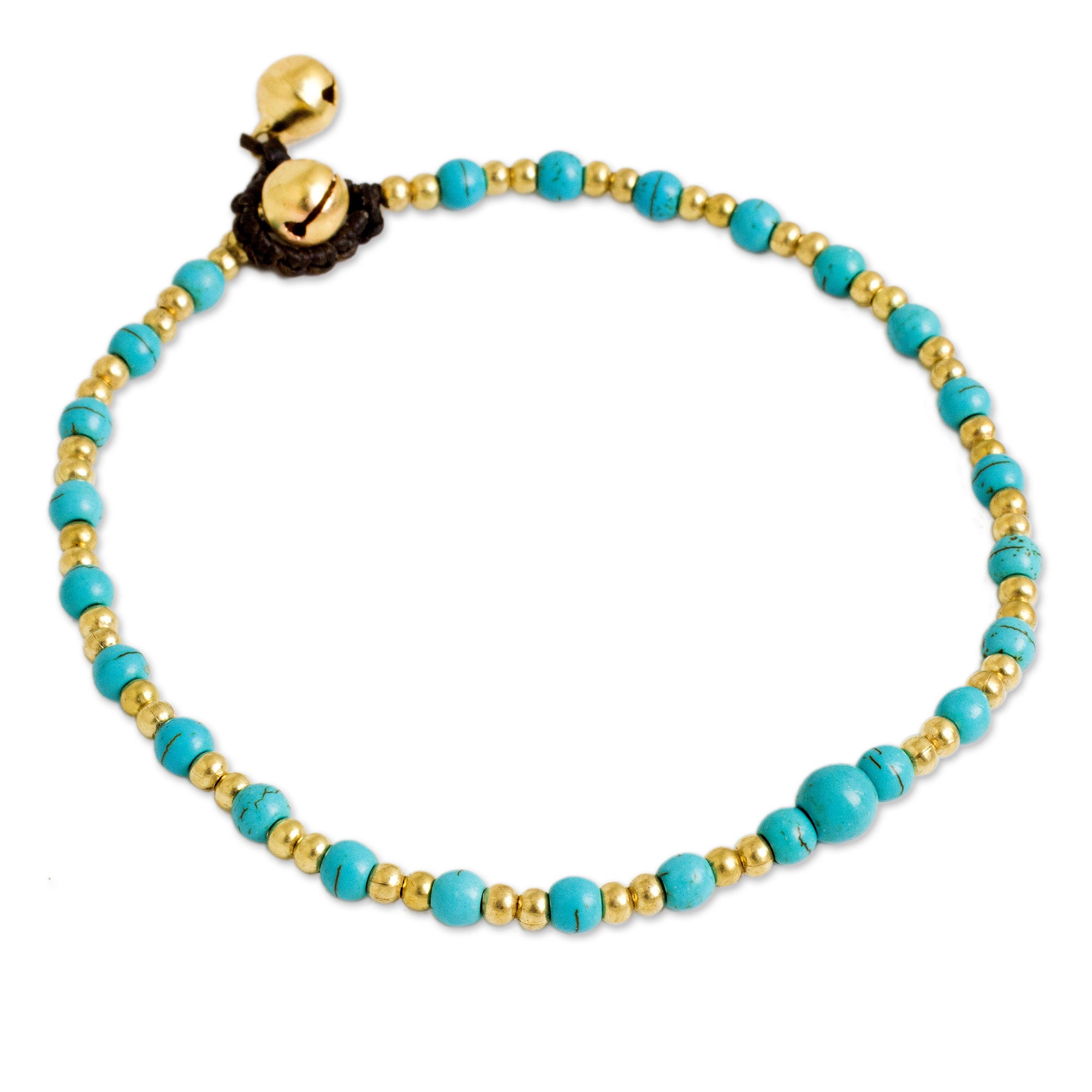 Premium Blue Calcite Brass Beaded Anklet with Bells - Handmade in Thailand