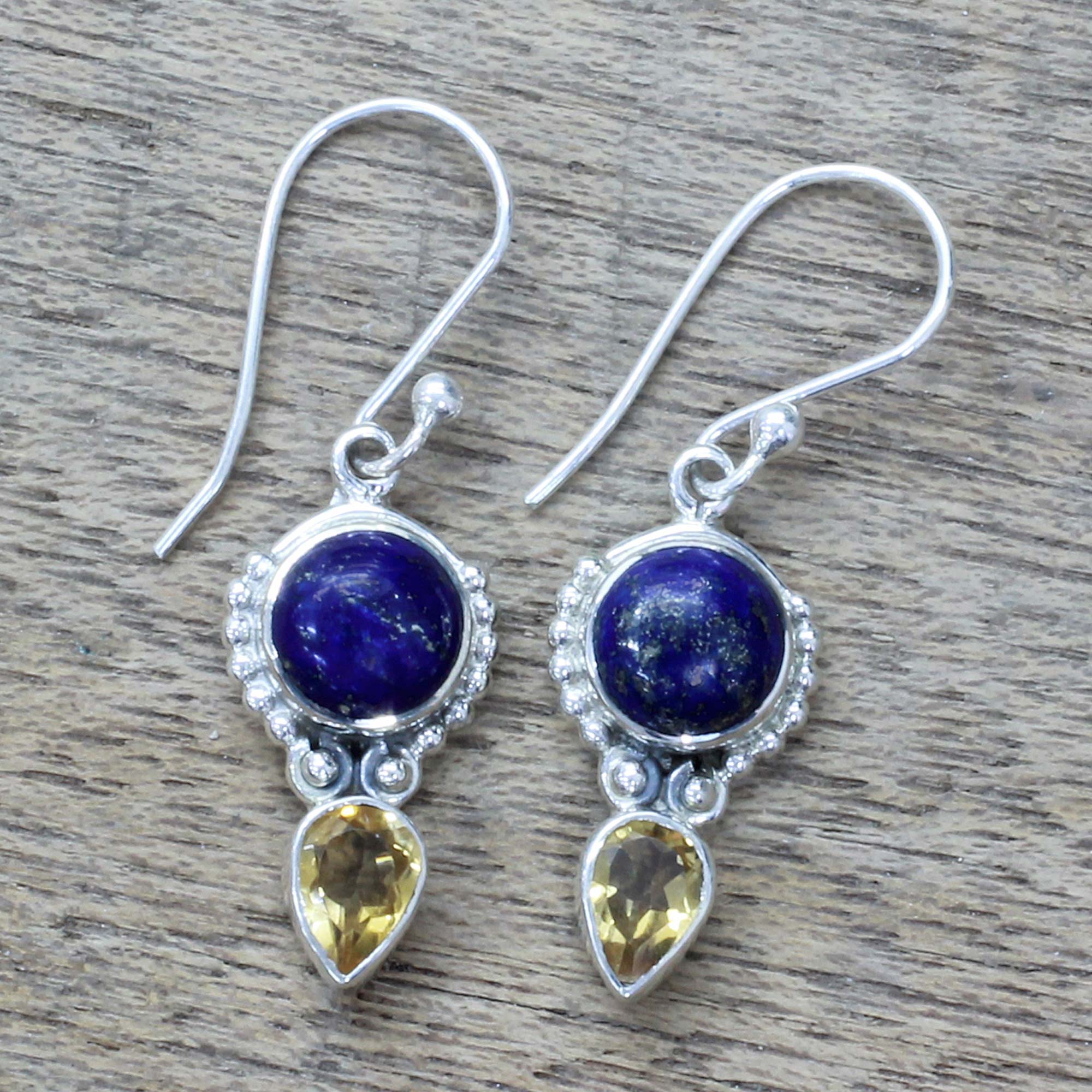 Premium Indian Dew Citrine & Lapis Lazuli Dangle Earrings - Handcrafted Sterling Silver