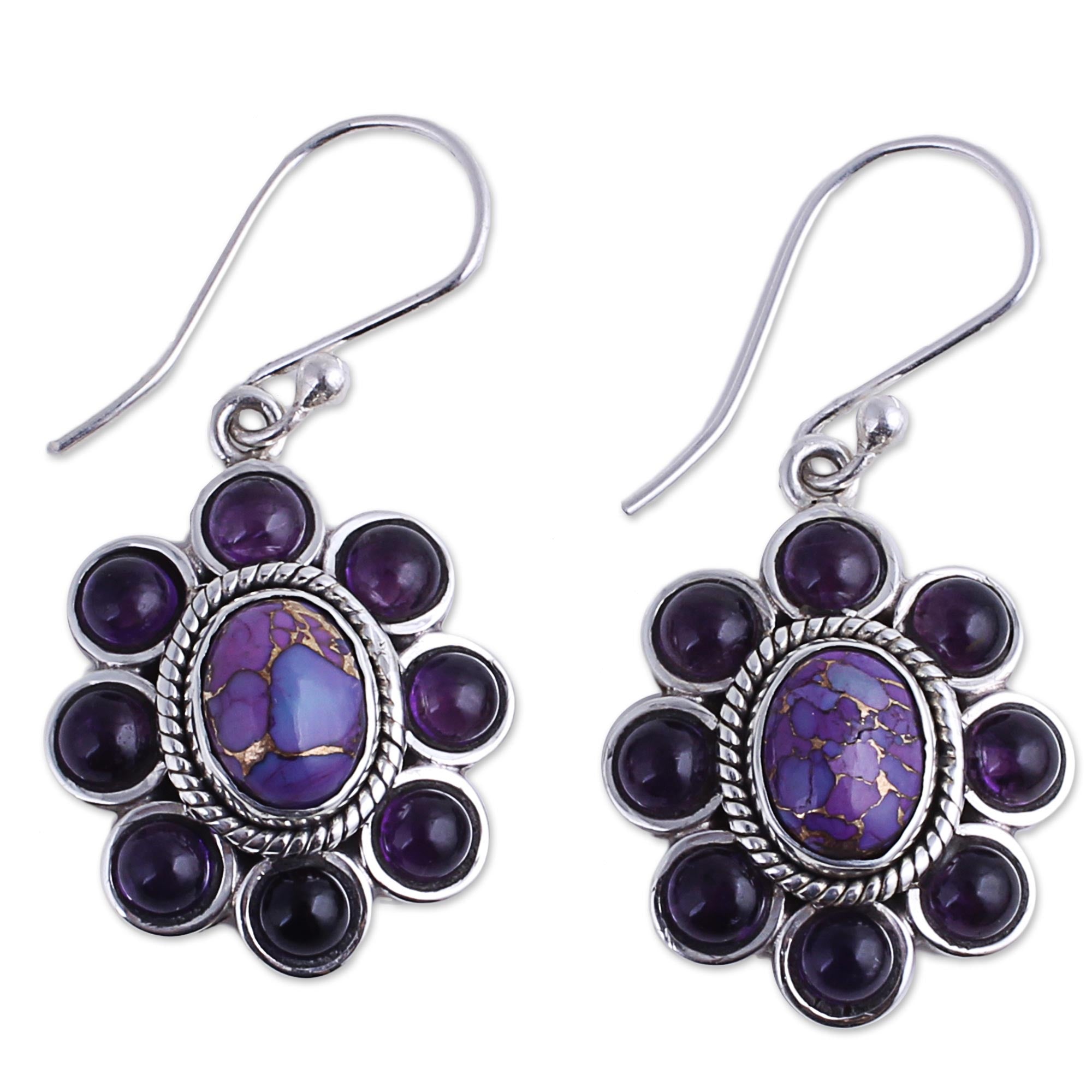 Premium Amethyst & Turquoise Dangle Earrings – Violet Elegance