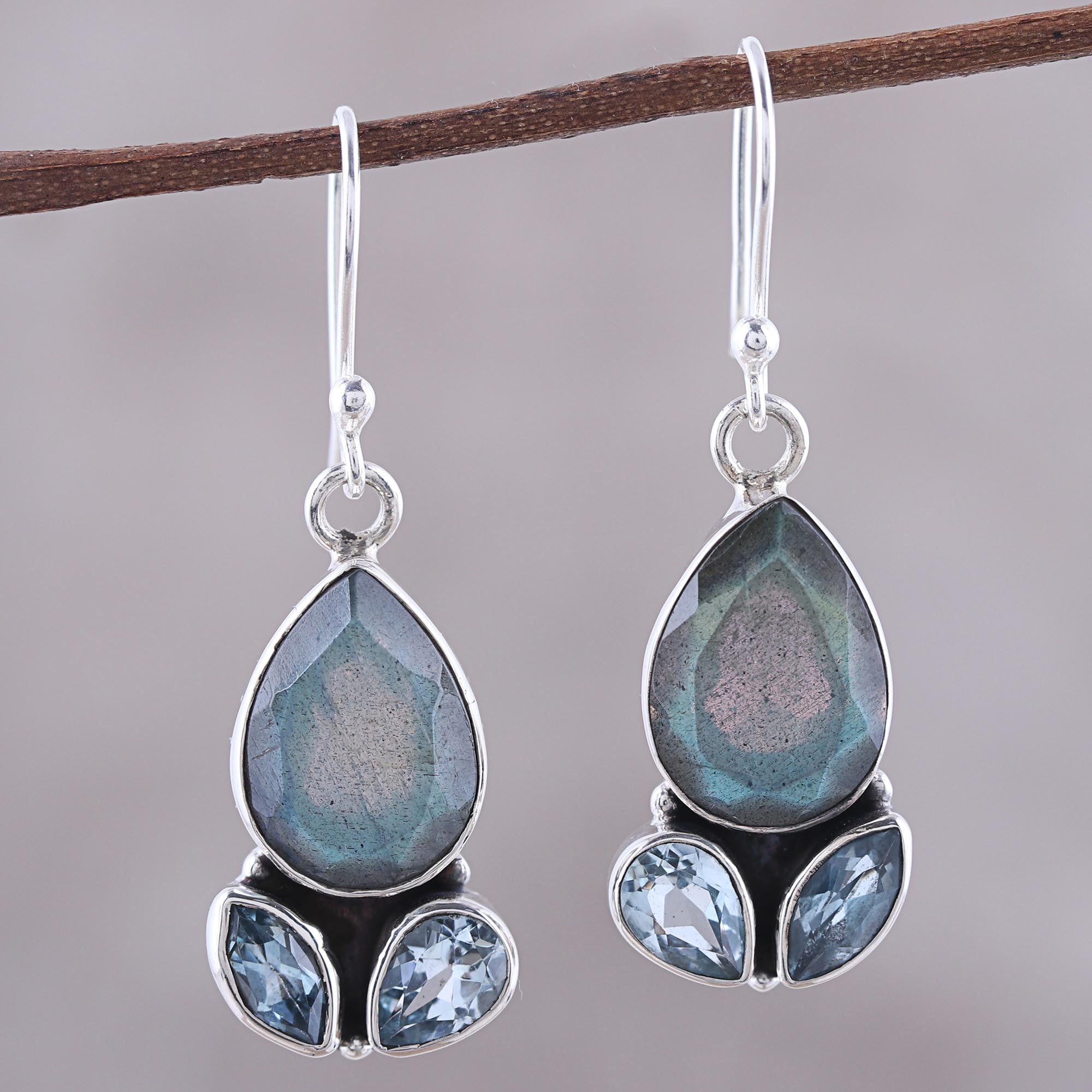 Premium Misty Rain Labradorite & Blue Topaz Sterling Silver Dangle Earrings