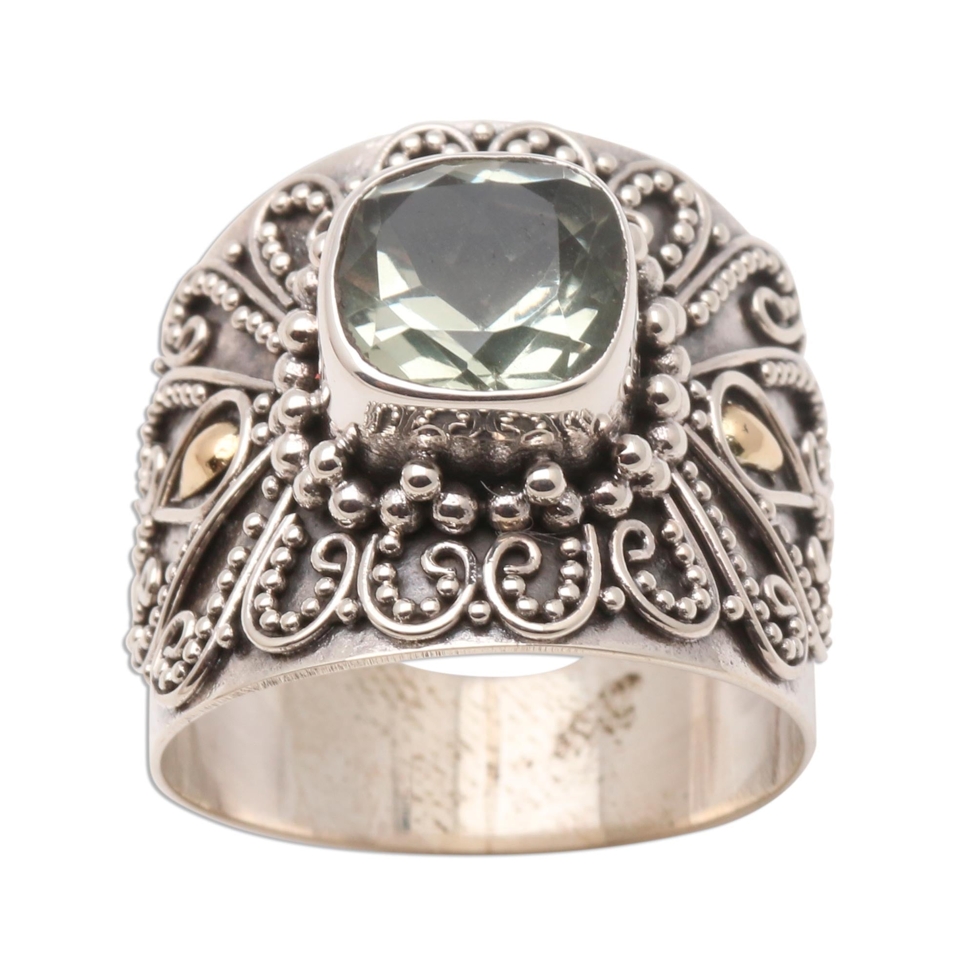 Premium Green Checkerboard Prasiolite Ring with Gold Accents