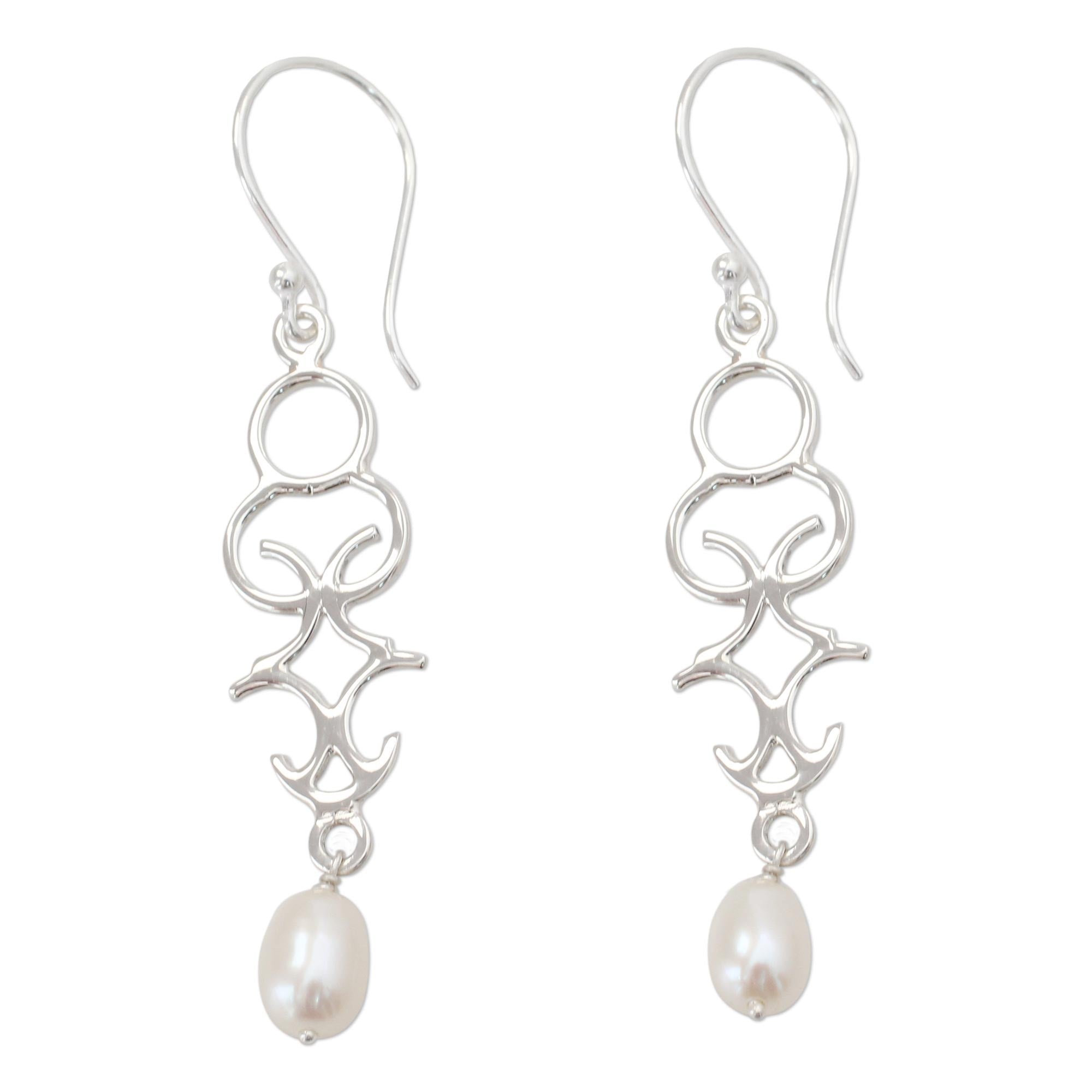 Premium Sterling Silver Trellis Dangle Earrings with Cultured Pearls