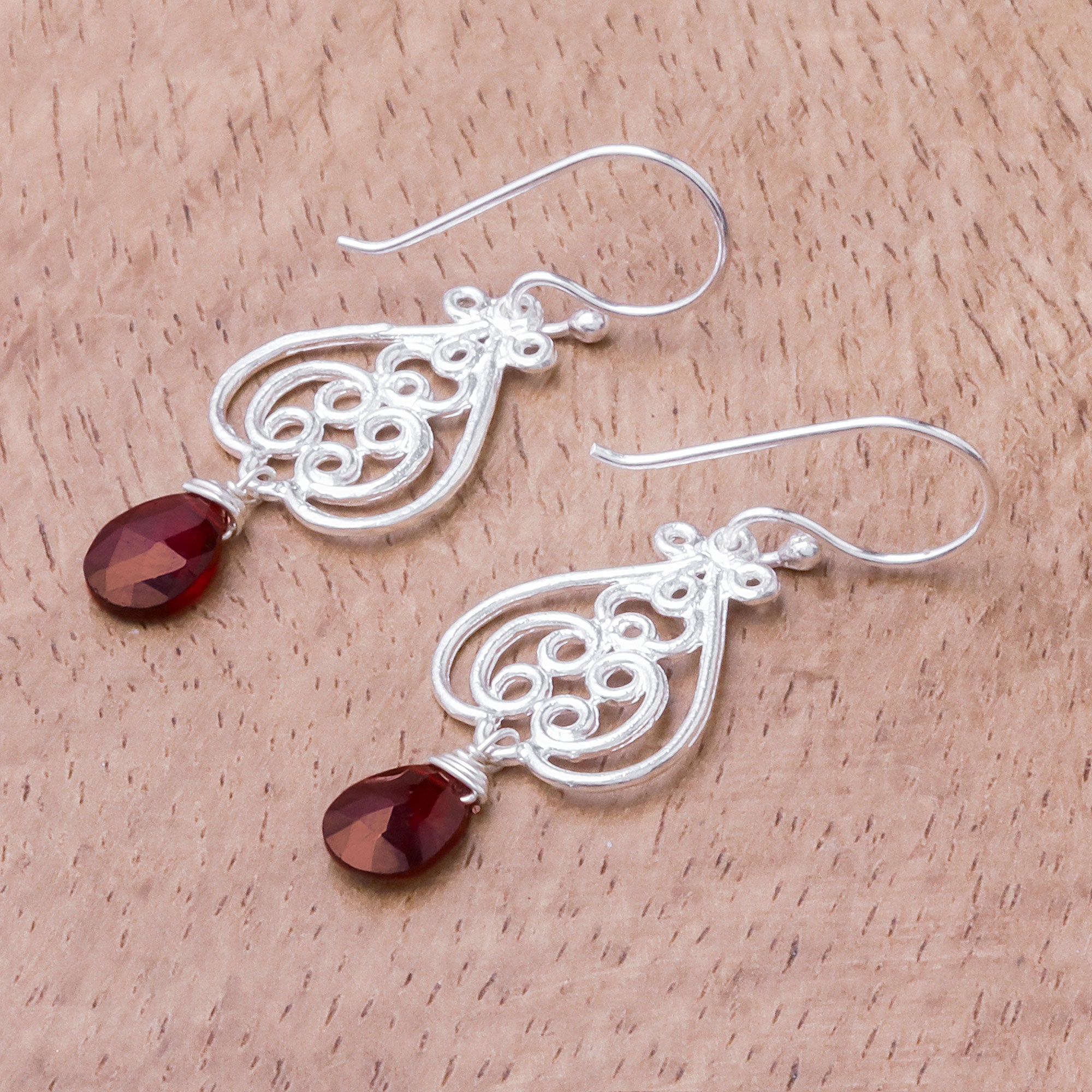 Premium Swirling Garnet Dangle Earrings – Handcrafted in Thailand