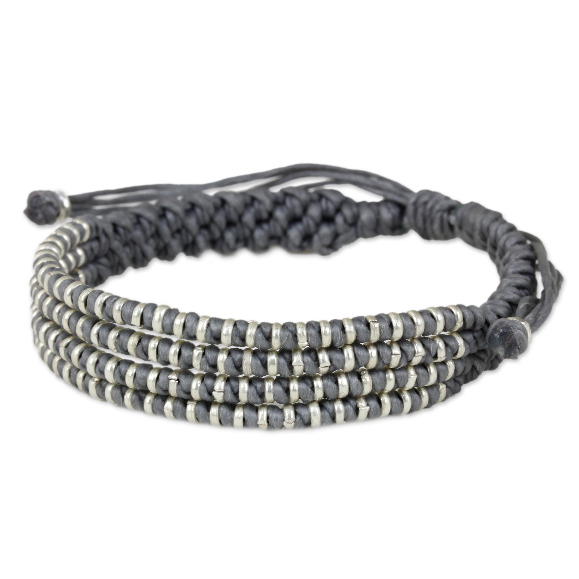 Premium Handcrafted Misty Chiang Mai Quartet Bracelet – Silver & Light Grey Macrame Elegance