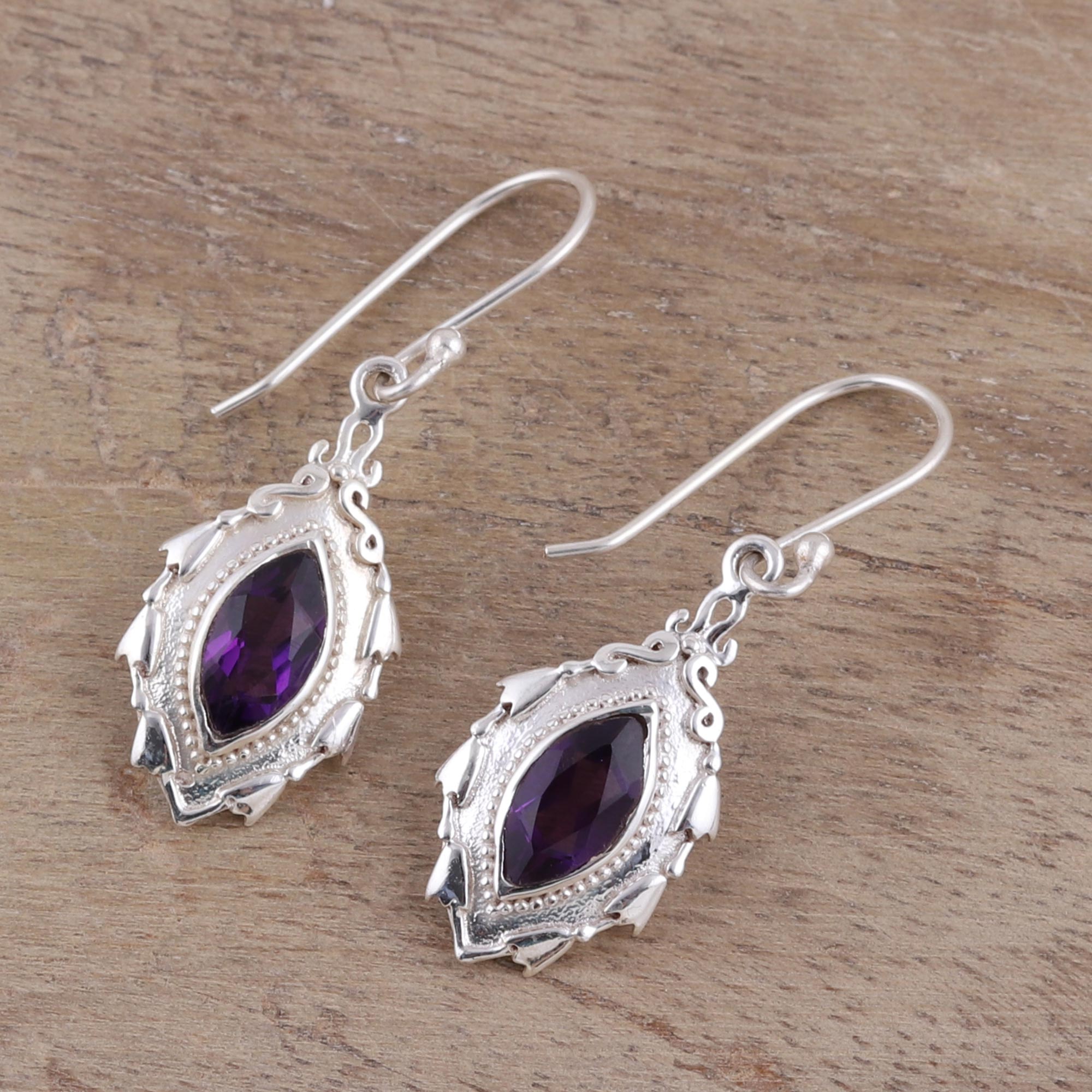 Premium Amethyst Dangle Earrings with Sterling Silver Leaf Design