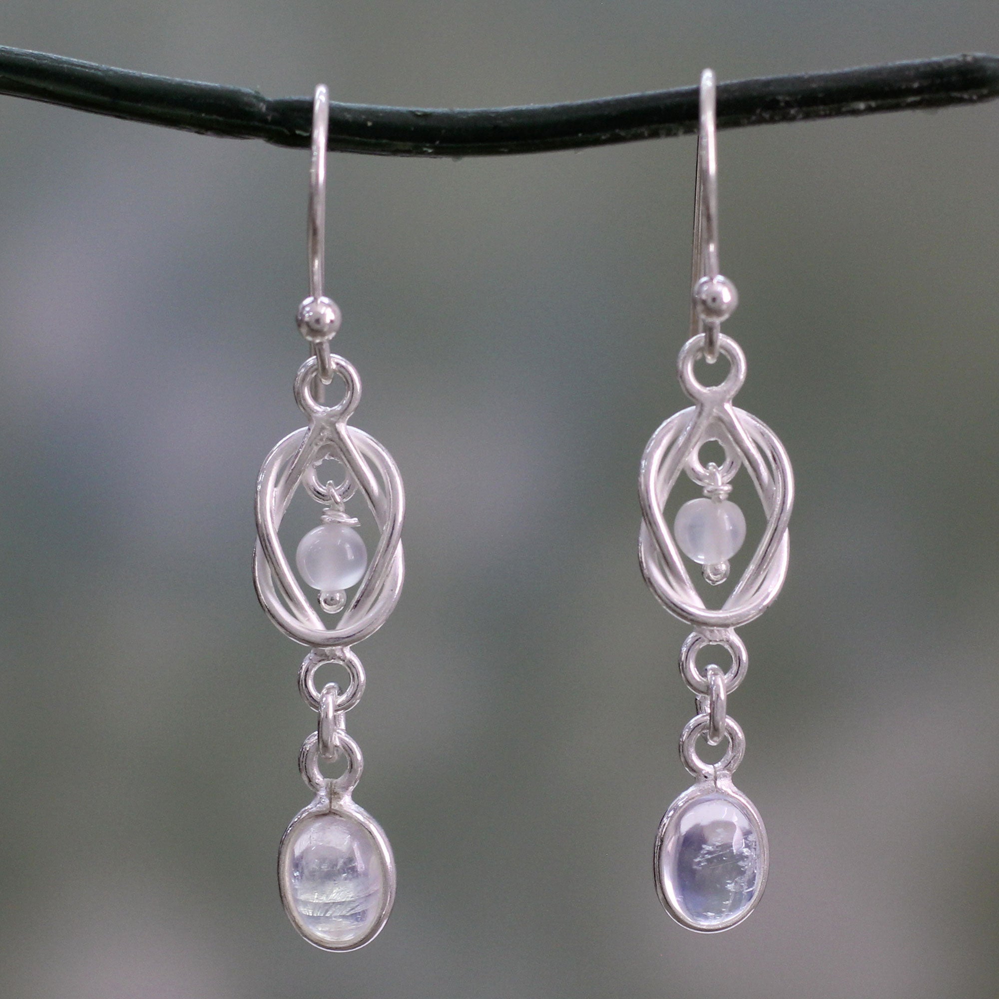 Premium Moonlight Knot Artisan Earrings with Rainbow Moonstone & Sterling Silver