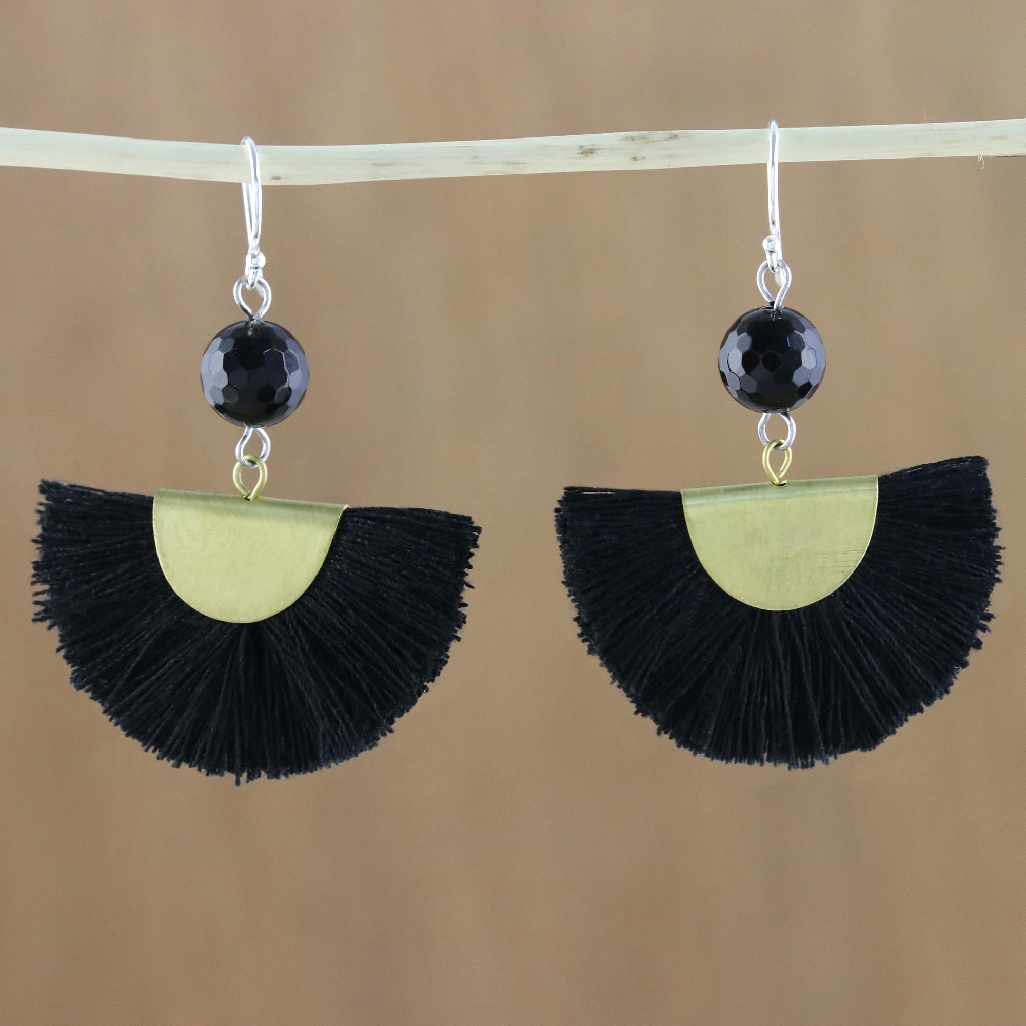 Premium Black Quartz & Brass Dangle Earrings with Elegant Cotton Fringe