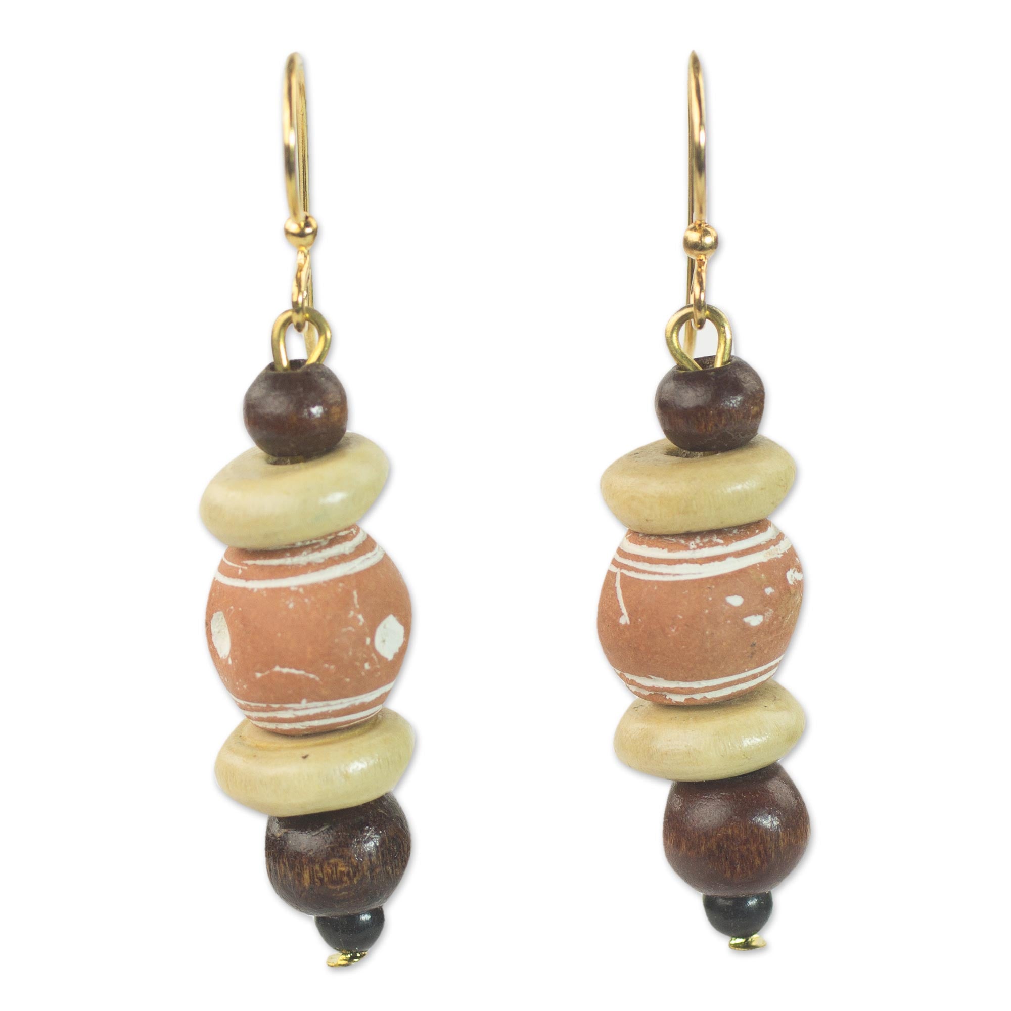 Premium Handcrafted Sese Wood & Ceramic Dangle Earrings from Ghana