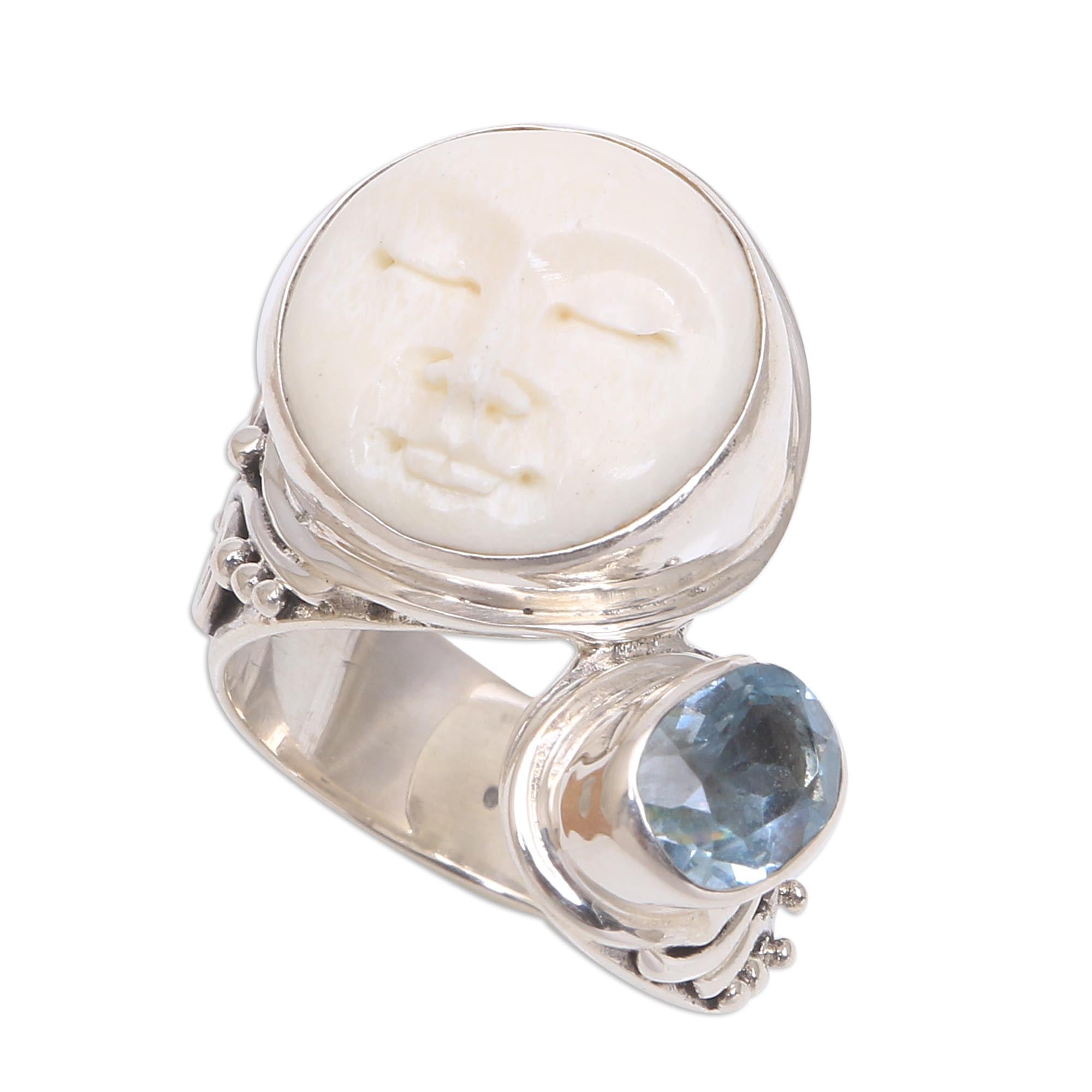 Premium Blue Topaz & Cow Bone Cocktail Ring – Handcrafted Sterling Silver Jewelry