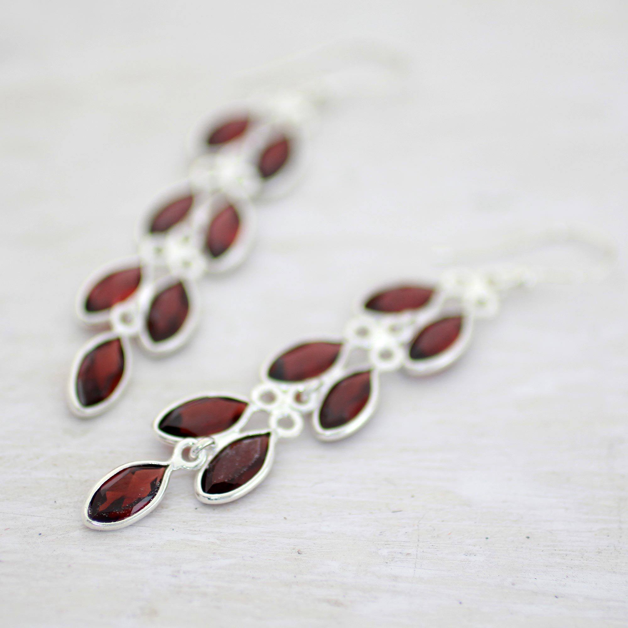 Premium Garnet Leaf Dangle Earrings - Handmade Sterling Silver Jewelry