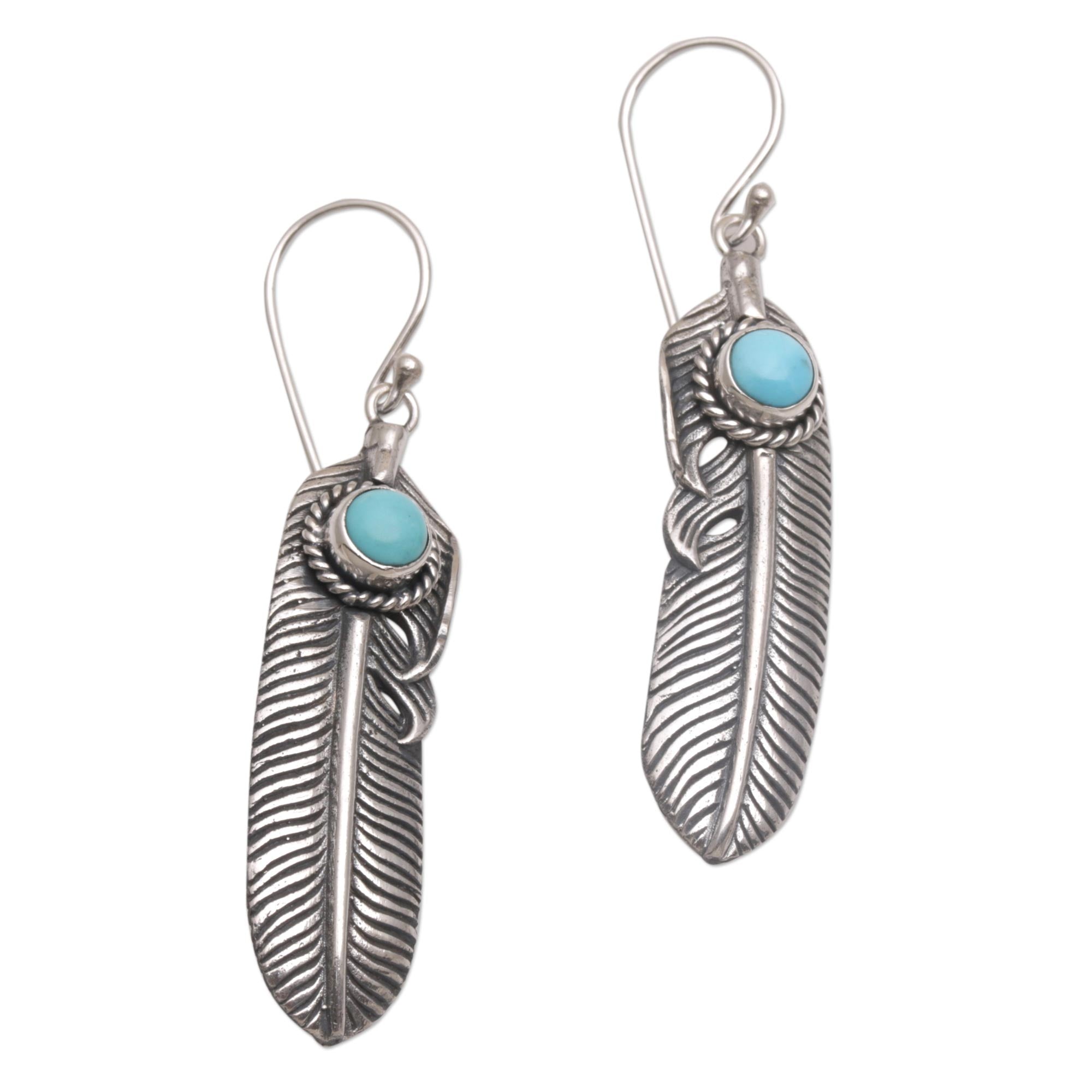 Premium Turquoise & Silver Feather Dangle Earrings – Handcrafted in Bali