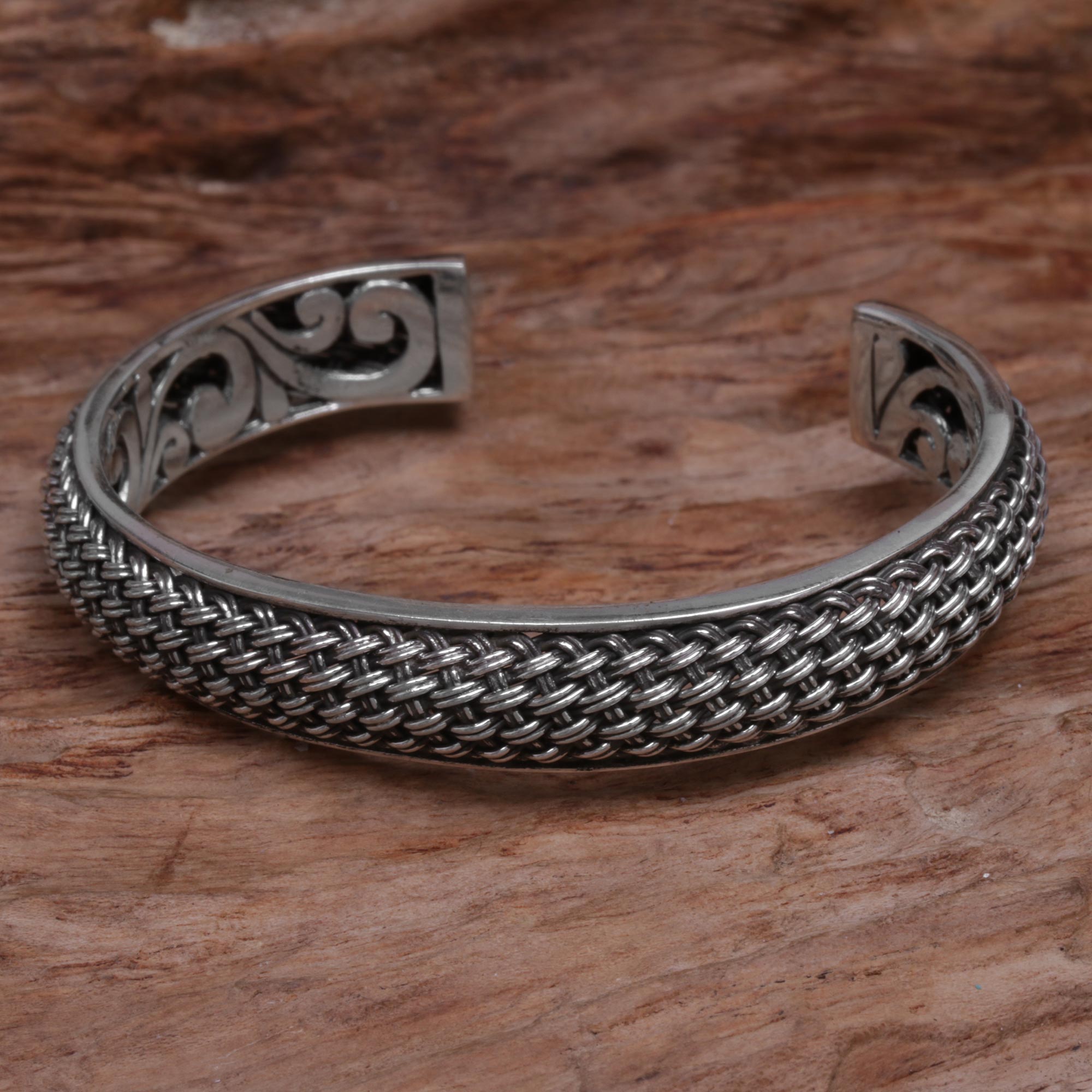 Premium Handcrafted Sterling Silver Woven Chains Cuff Bracelet - Artisan Jewelry from Bali