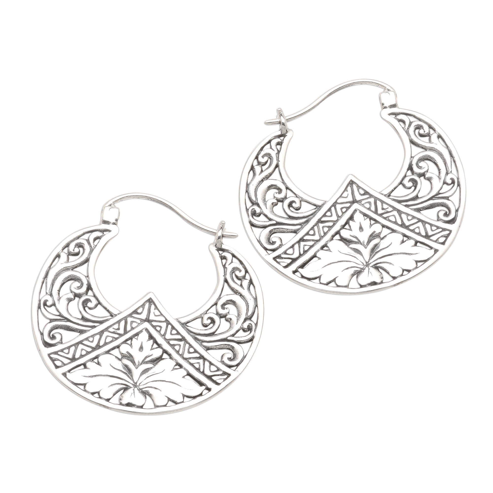 Premium Flame Flower Sterling Silver Hoop Earrings - Balinese Floral Design