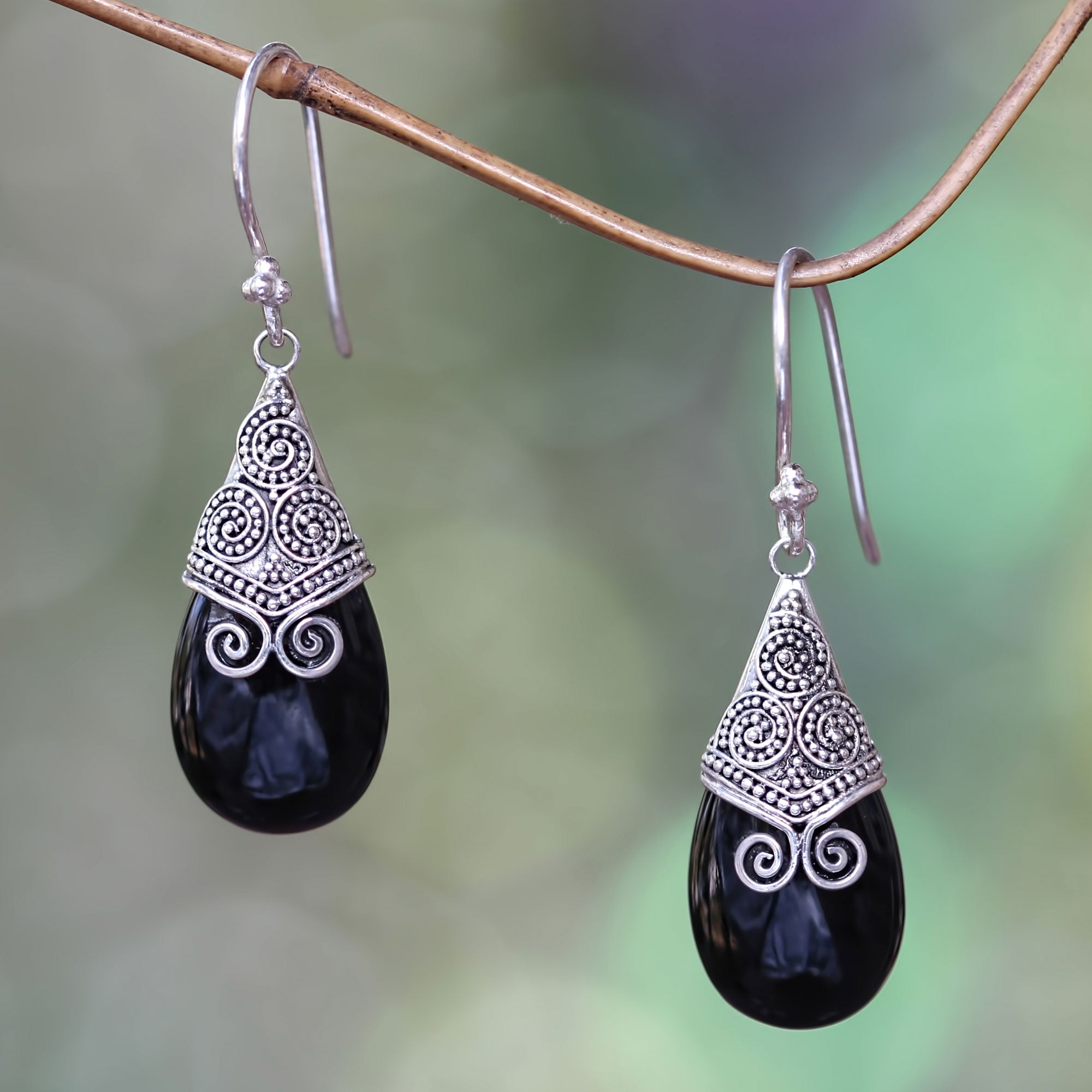 Premium Misty Mountain Onyx Dangle Earrings – Handcrafted Sterling Silver Jewelry from Bali