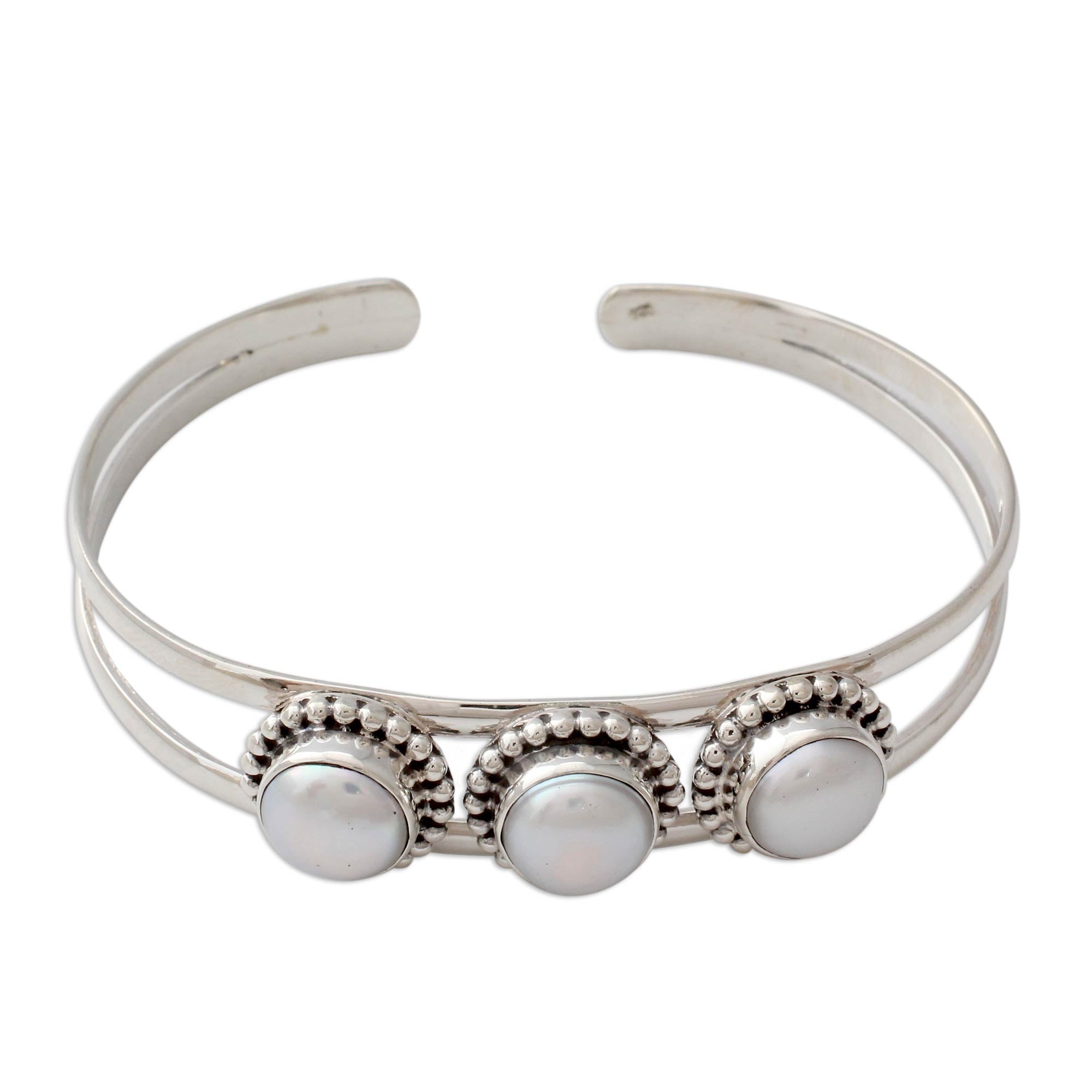 Premium Moonlight Trio Handmade Sterling Silver Pearl Cuff Bracelet