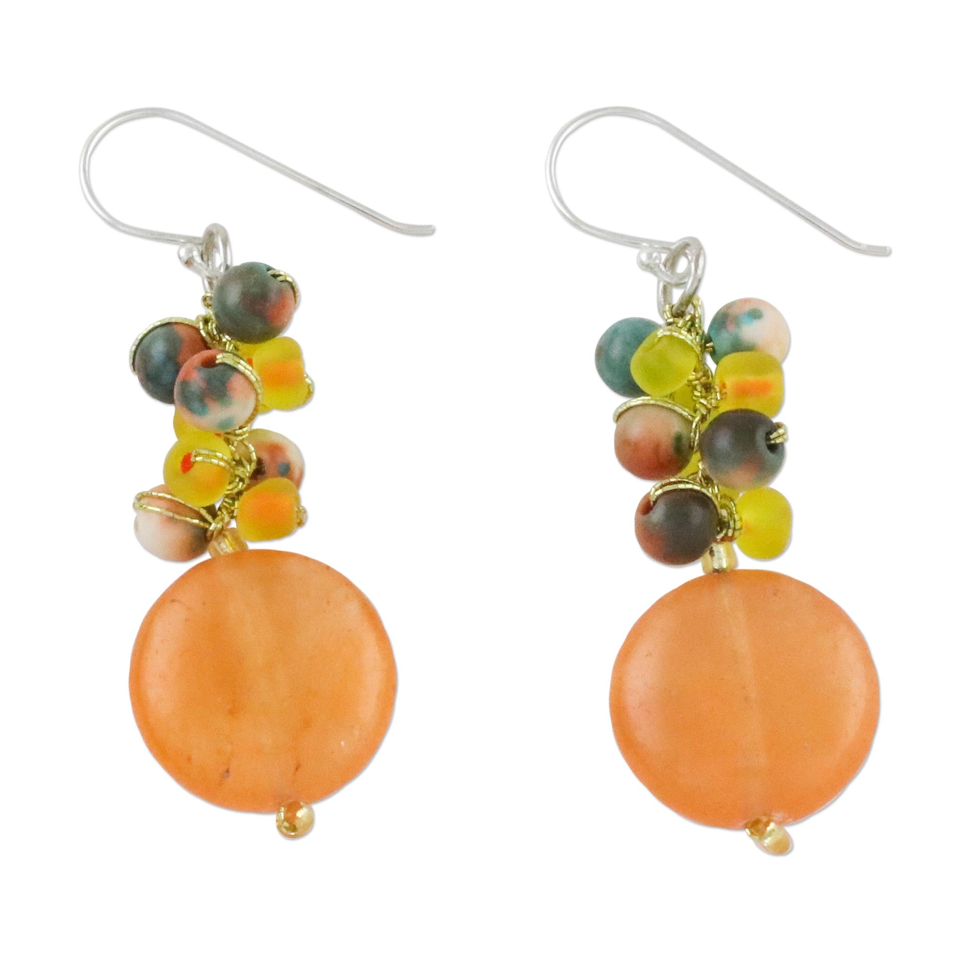 Premium Orange Quartz Dangle Earrings with Glass Beads – Handcrafted in Thailand