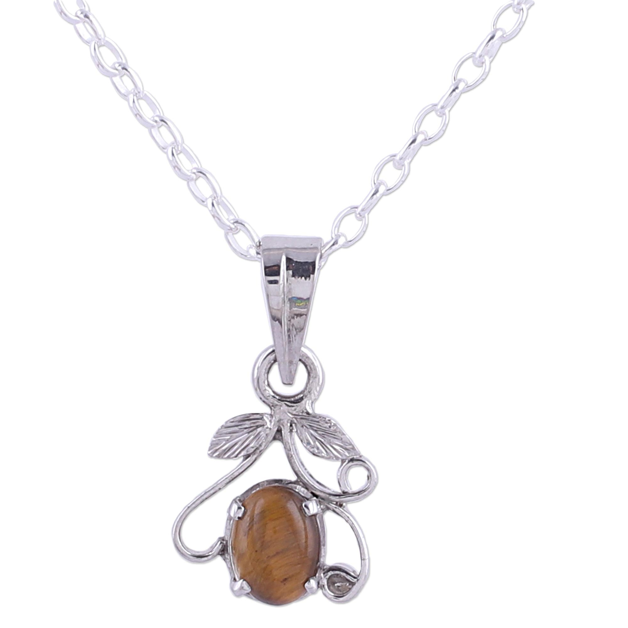 Premium Rhodium-Plated Tiger's Eye Pendant Necklace | Handcrafted Elegance from India