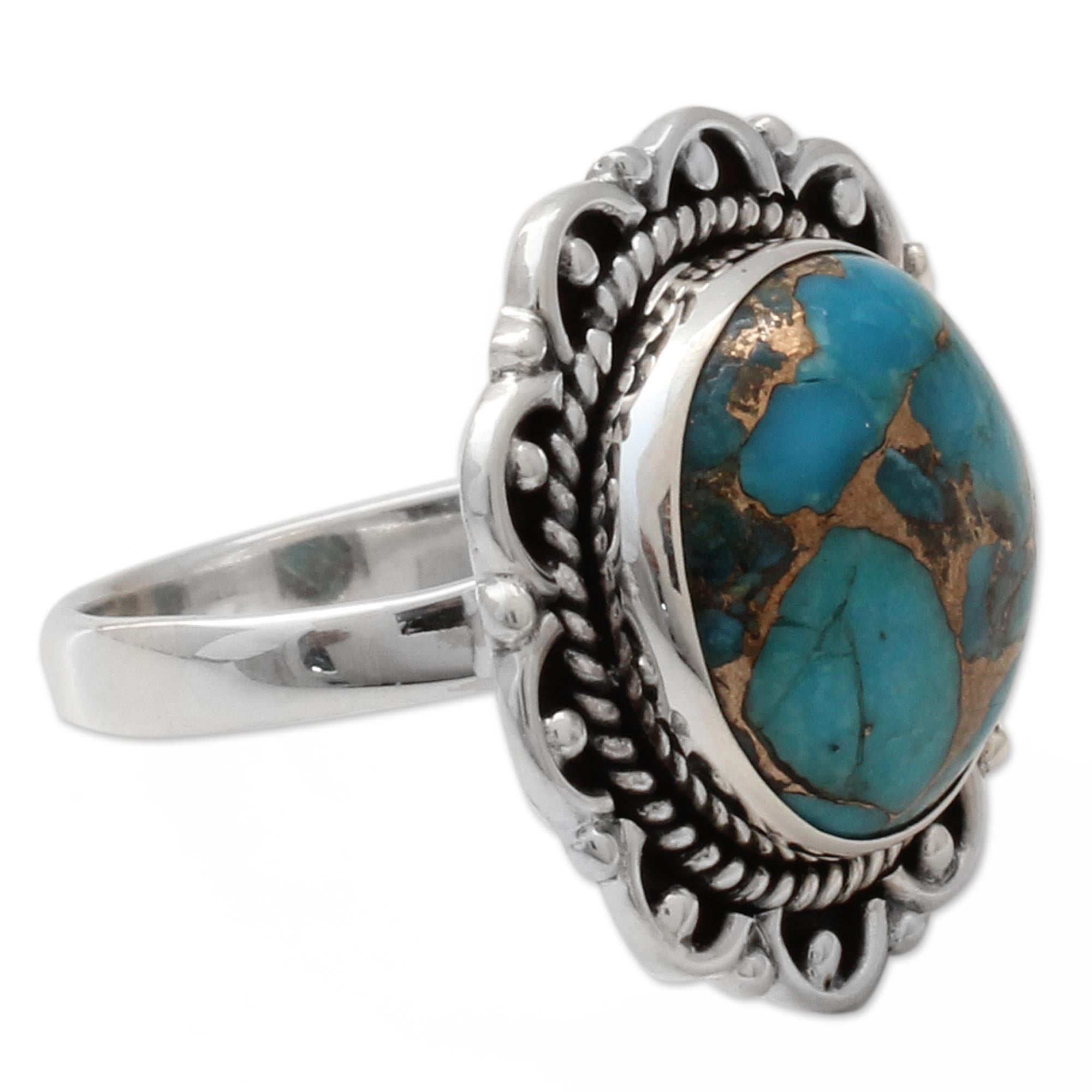 Premium Golden Aqua Swirls Turquoise Ring with Sterling Silver Petals – Ultimate Handcrafted Jewelry