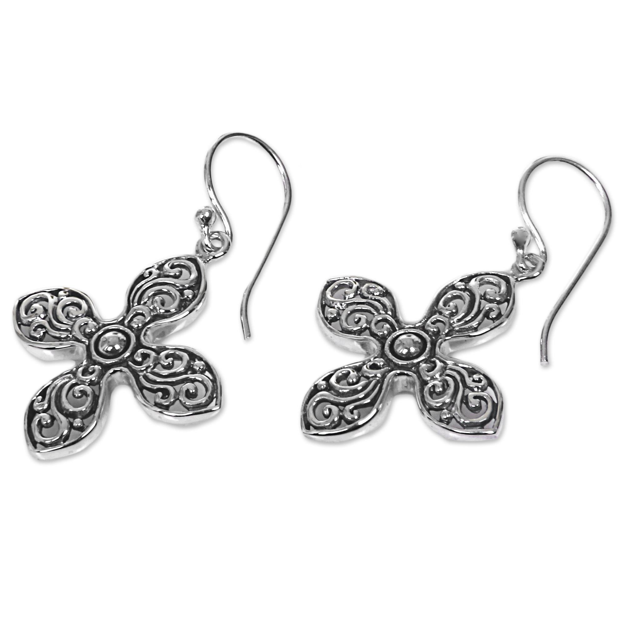 Premium Melati Cross Handcrafted Silver Earrings – Bali Inspired Floral Design